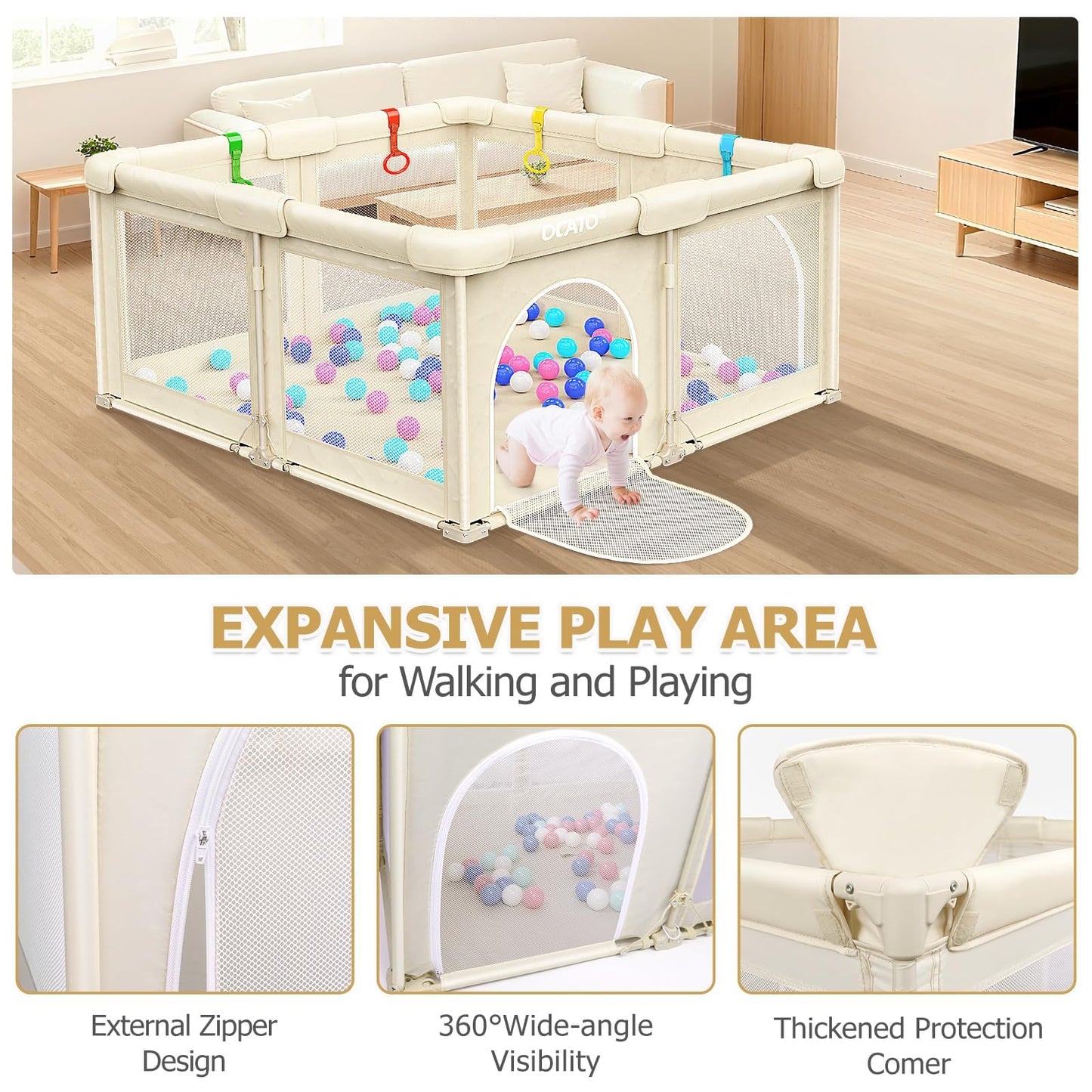 OCATO Baby Foldable Playpen: Playpen for Babies and Toddlers Baby Play Pen Gate Portable Playpen Fence Indoor Outdoor Kids Safety Area Travel Play Yard Babies Essentials Pack n Plays (50" × 50")