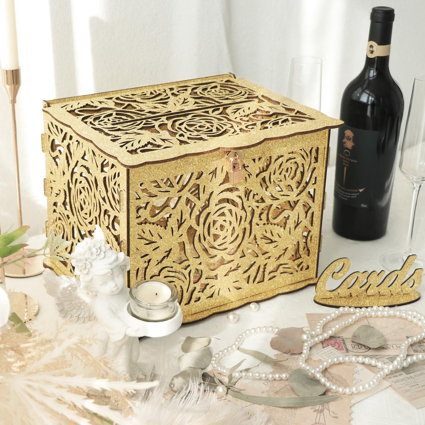 OurWarm Glittery Gold Wedding Card Box with Lock, Wood Gift Card Box for Reception, Money Honeymoon Fund Card Boxes for Baby Shower, Birthday, Graduation Party Rustic Wedding Decorations