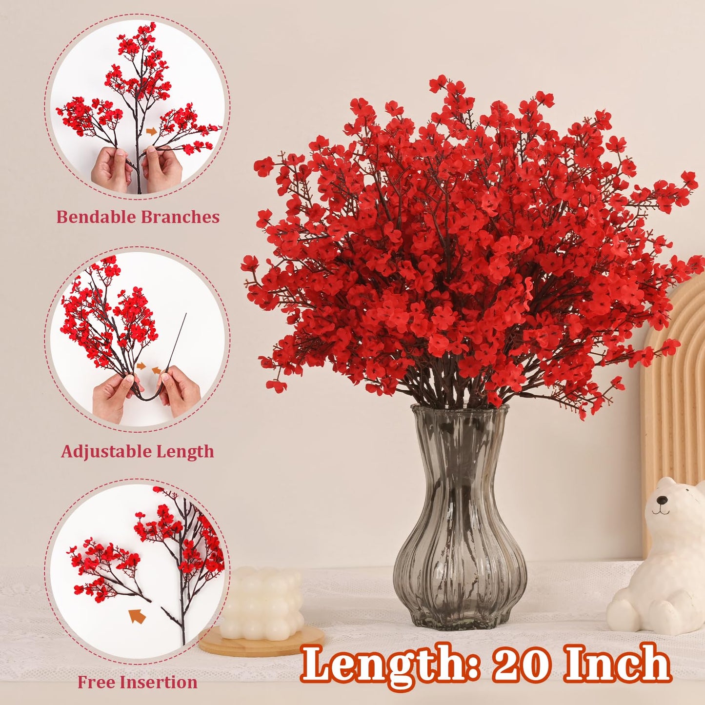 Yastouay Red Fake Flowers, 15Pcs Real Touch Silk Flowers Faux Artificial Flowers for Decorations, Babys Breath Artificial Flowers Bulk for Spring Decor Floral Arrangement