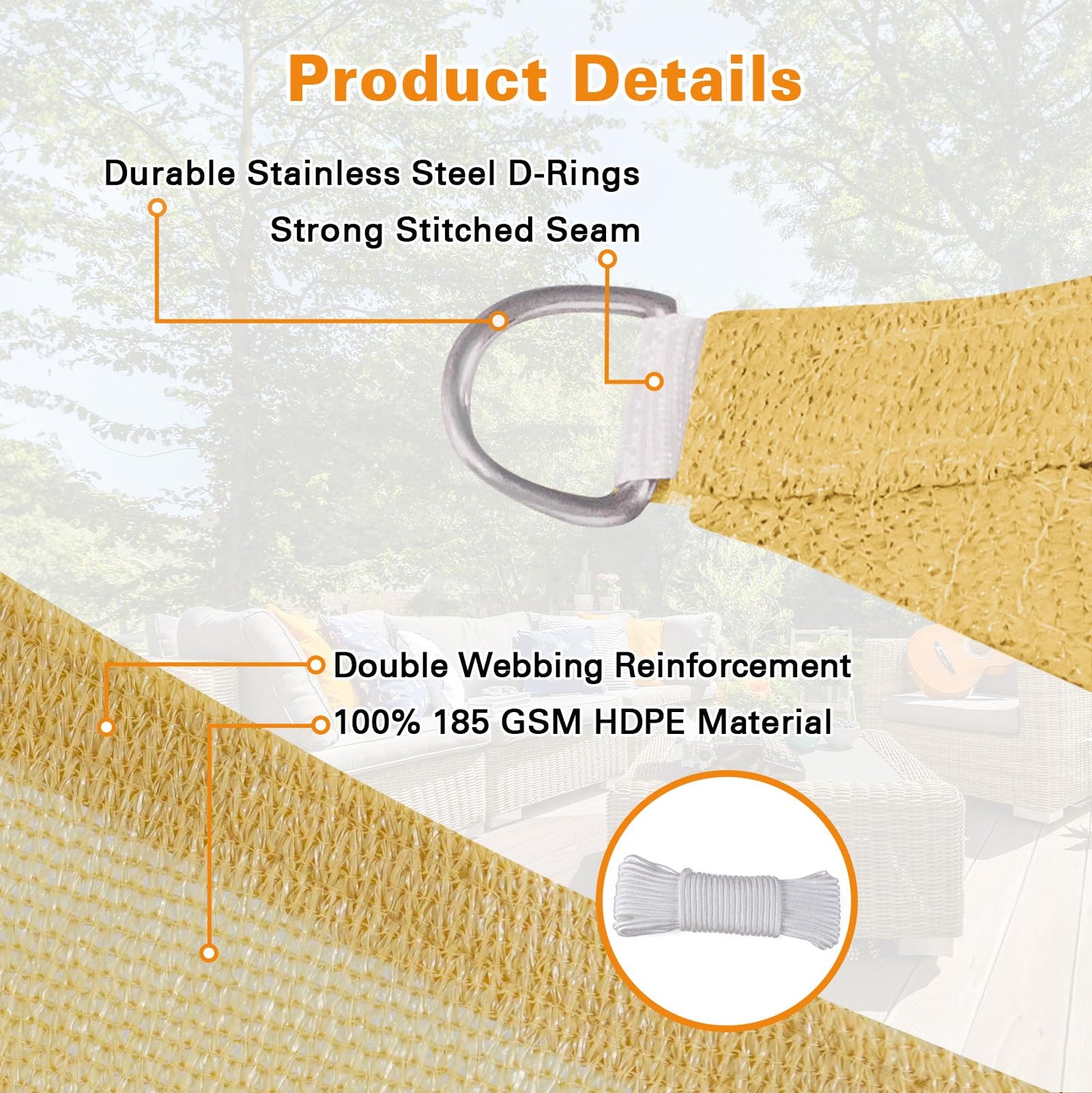 Artpuch Sun Shade Sail, 24'X24'X33.9' Sand Triangle, Curved Edged Sun Shade, Commercial Grade 185GSM HDPE UV Permeable Outdoor Shade Cloth for Deck, Backyard, Patio (Custom Sizes Made)