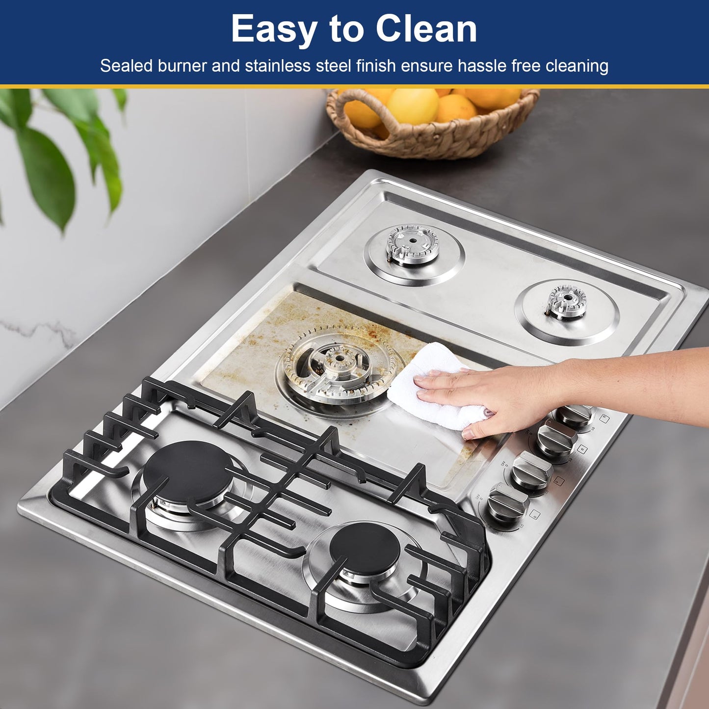 Amzgachfktch Gas Cooktop 30 Inch with 5 Italy SABAF Powerful Burners, Max 48,300 BTU/hr Gas Stove Top, Built-in 304 Stainless Steel Propane Stove, NG/LPG Convertible, CSA Certified