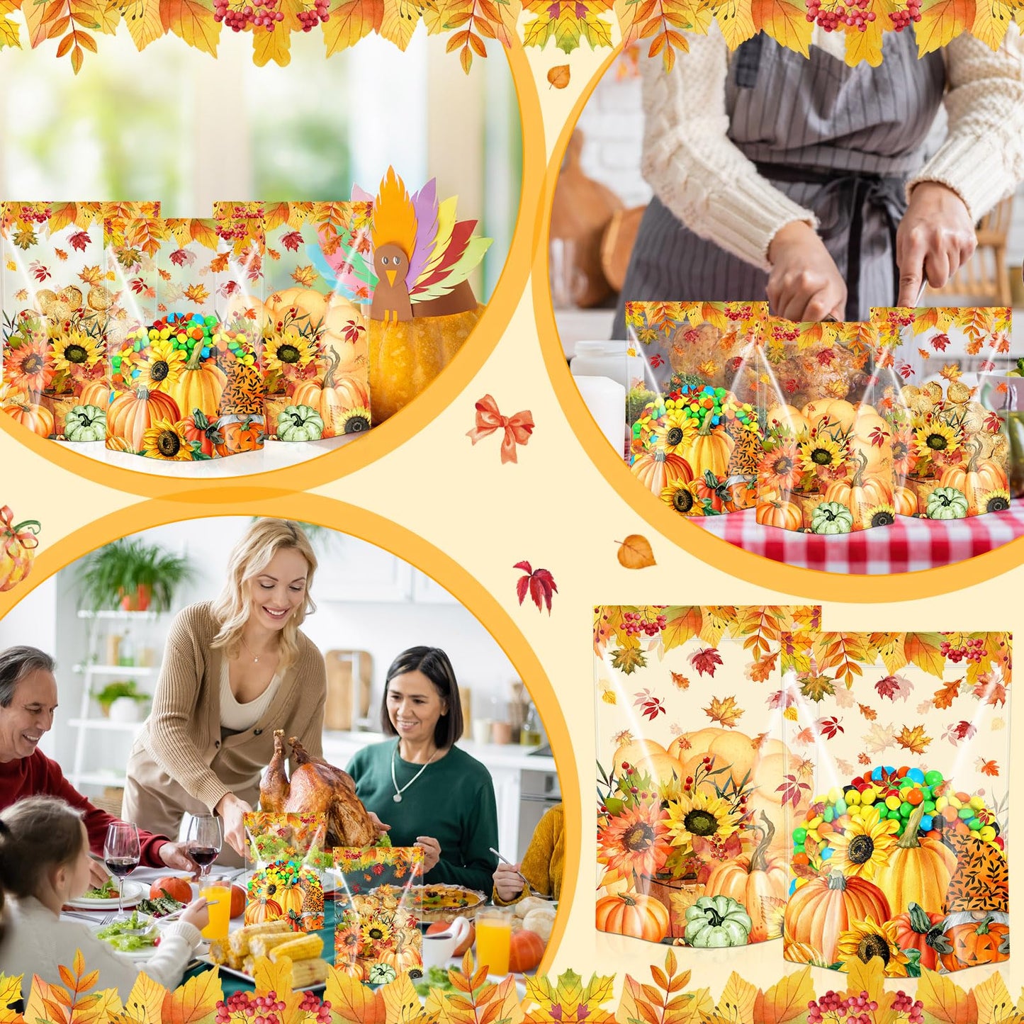 Capoda 100 Pcs Thanksgiving Gift Bags Resealable Clear Fall Treat Bags Maple Leaf Treat Plastic Pouches Pumpkin Favor Pouch for Autumn Harvest Party Candy Small Gift Wrapping Supplies Decoration