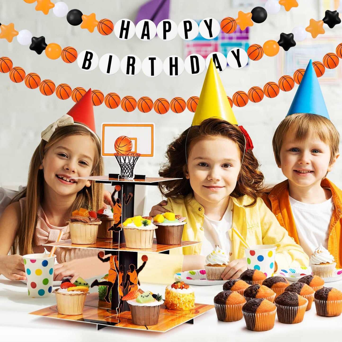 Simgoing 98 Pcs Basketball Birthday Banner Jumbo DIY Friendship Bracelet Birthday Banner Kit Customizable Party Giant Garland Decoration for Basketball Sports Theme Party Decorations