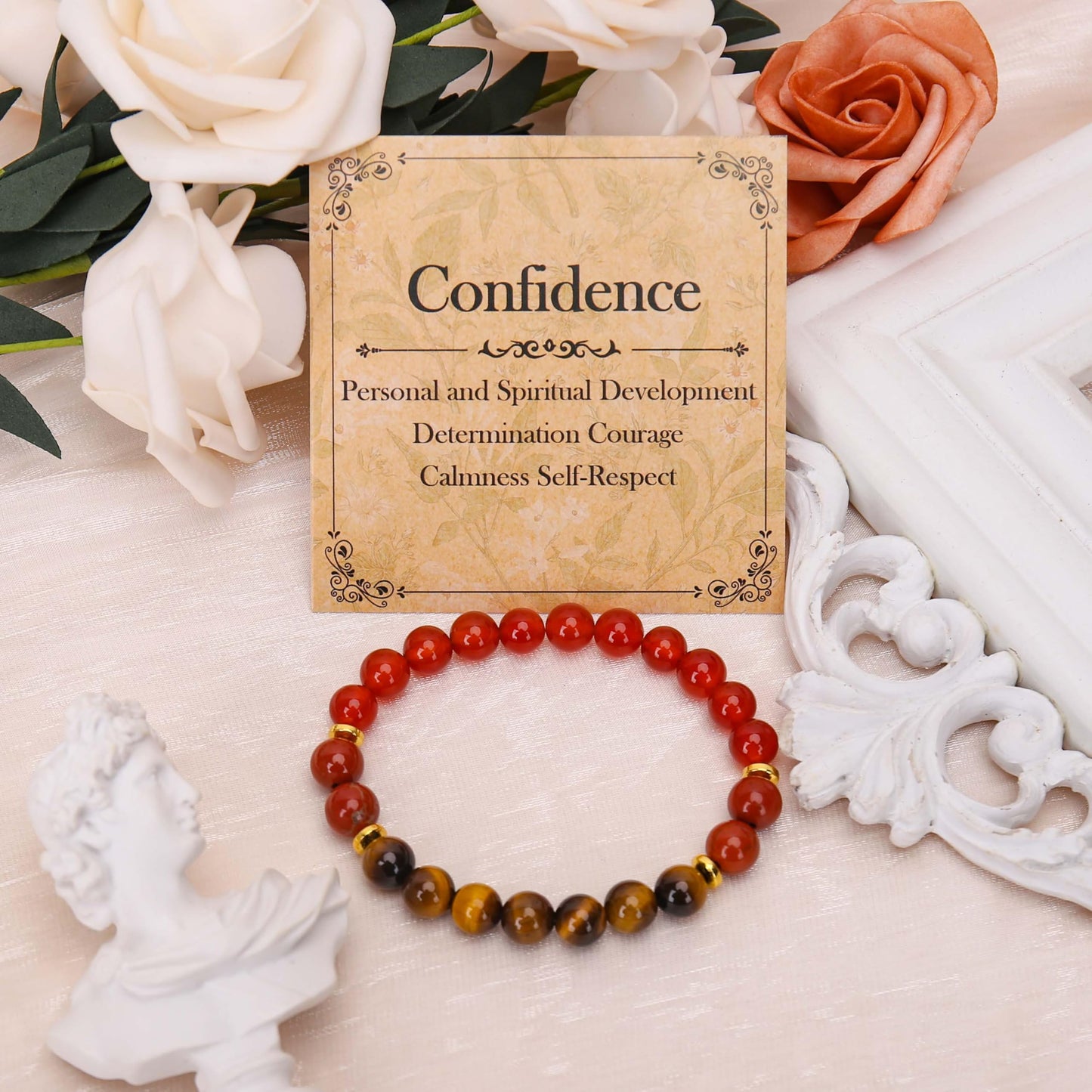 BONNY BOXX Mixed 8mm Natural Stone Bracelet for Courage, Handmade Stretch Carnelian Tiger Eye Bracelet Adjustable Crystal Healing Jewelry for Unisex Spiritual Gift