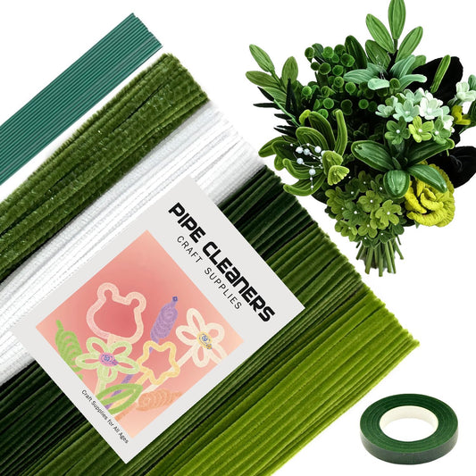 470pcs Green Pipe Cleaners Flower Kit,5 Colors Pipe Cleaner Bulk with Instruction for Flowers Making, Chenille Stems with Floral Wire Stems, Floral Tape,DlY Decorations and Art Supplies
