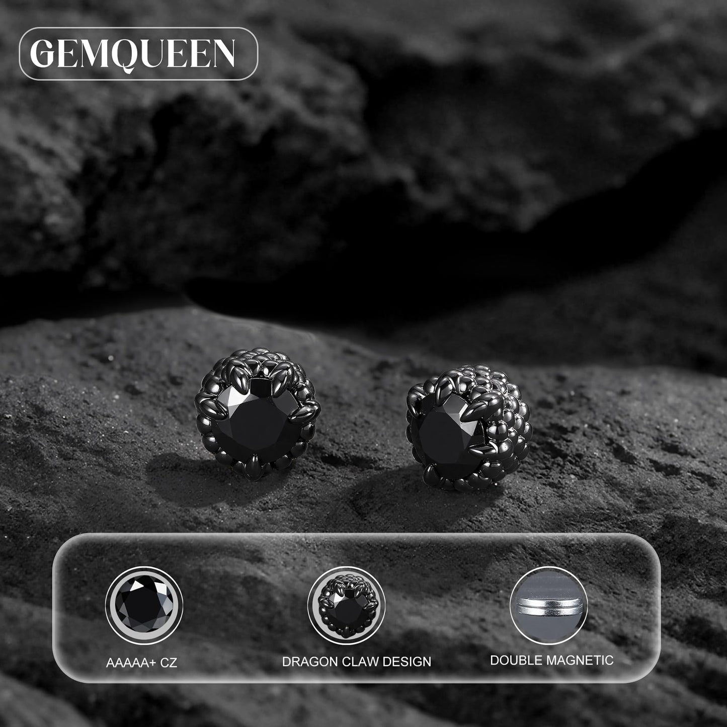 GEMQUEEN Magnetic Earrings for Men Women - 5A Shiny CZ Dragon Claw Punk Hypoallergenic Stainless Steel Non Piercing Clip on Fake Earrings Studs Black 5MM Not Easy to Fall