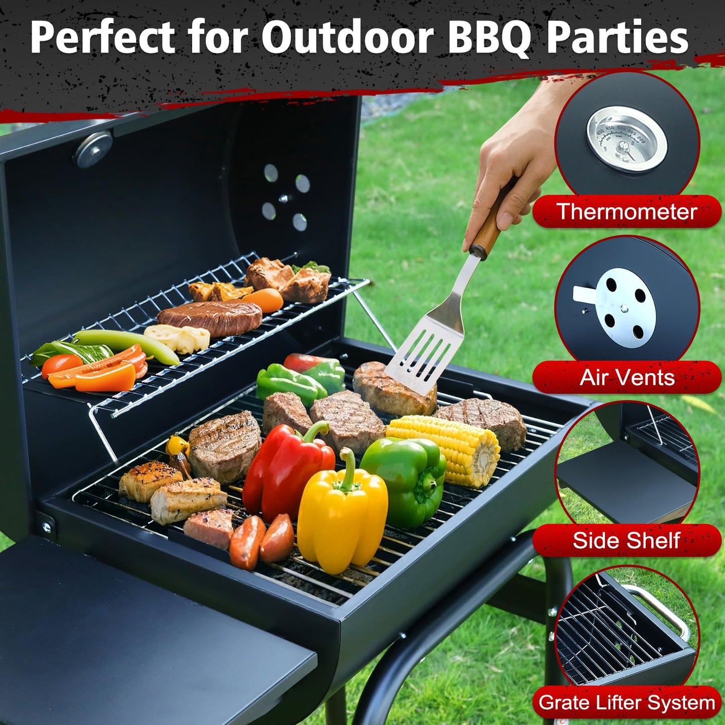 SUNLIFER Barrel Barbecue Charcoal Grill: Premium Spacious Outdoor BBQ Grill with Side Table - Ideal for Patio Cooking Backyard Grilling Camping Picnics Tailgating Parties