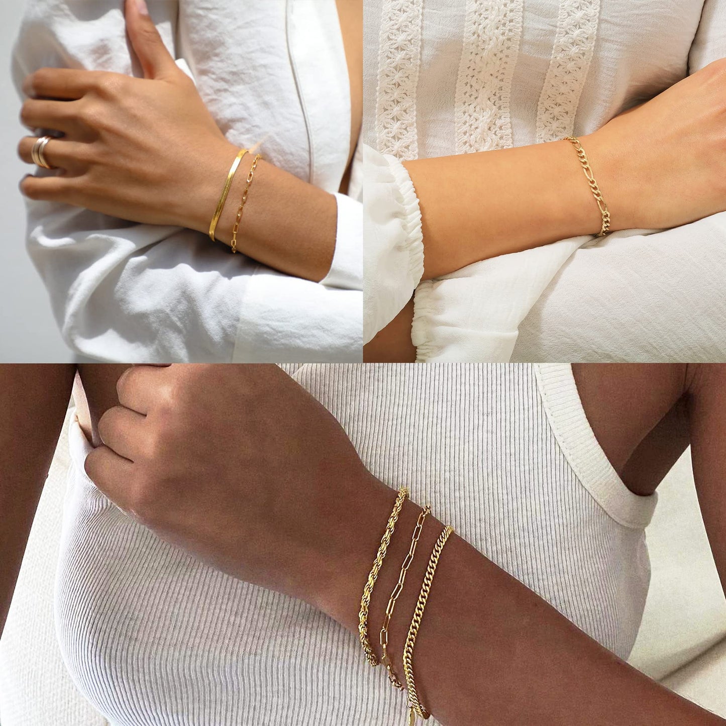 DEARMAY 14K Gold Plated Bracelets for Women Trendy Gold Jewelry Set for Women Cuban Link Chain Figaro Paperclip Rope Herringbone Bracelet Pack Gifts