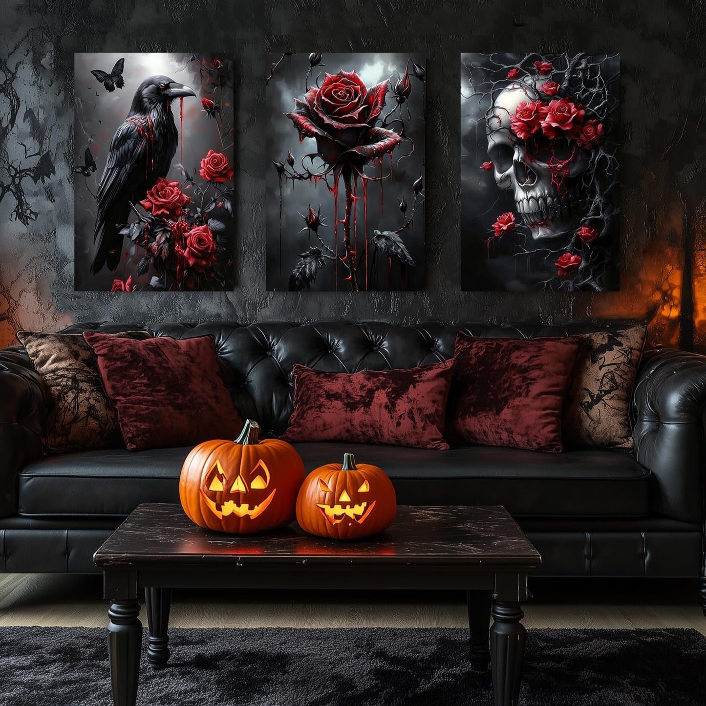 Hianan Horror Gothic Canvas Wall Art, Romance Raven Rose Halloween Wall Decor, Bloodthirst Goth Crow Rose Poster Prints, Dark Goth Skull Aesthetic Pictures for Bathroom Living Room Framed 12"x16"x3