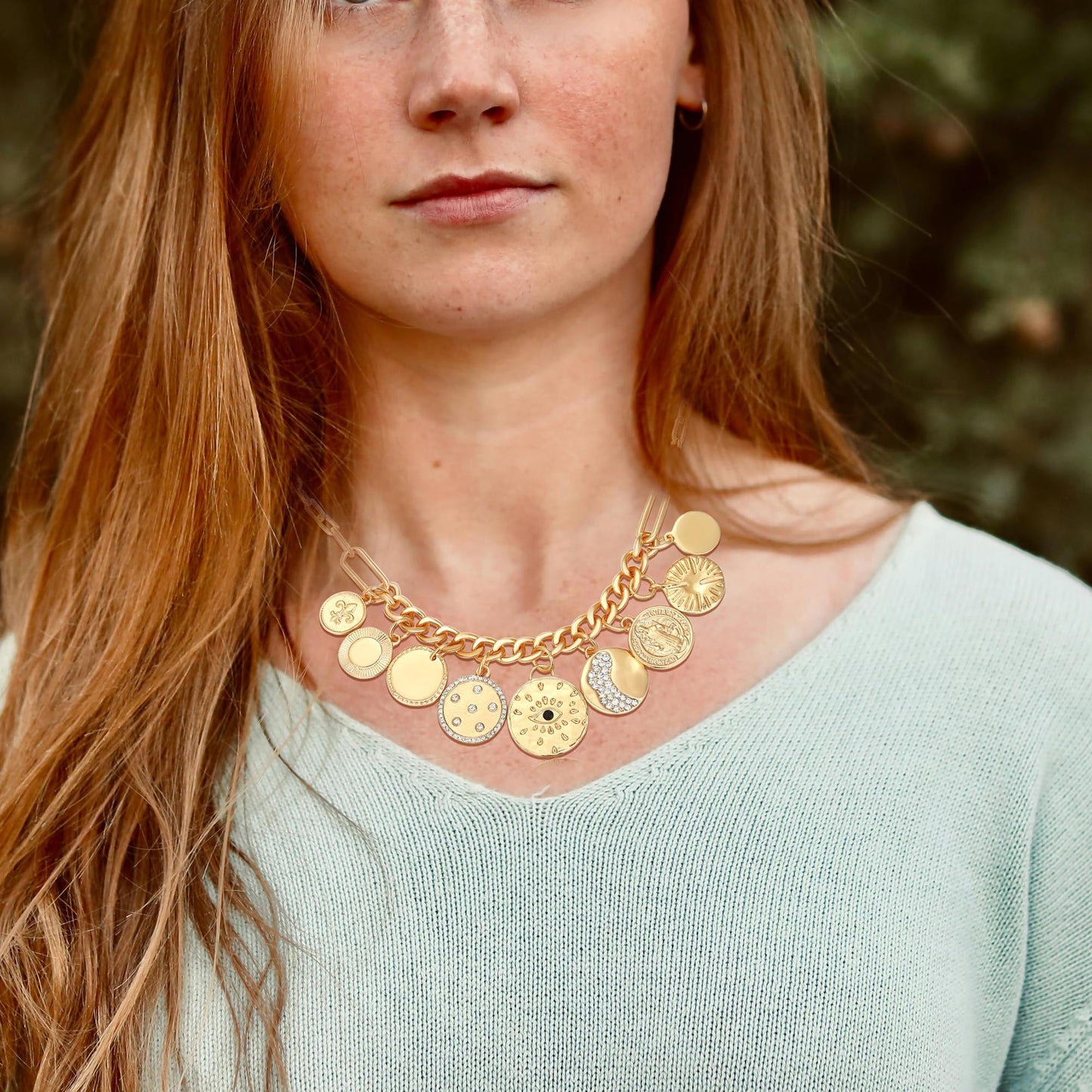 MISS RIGHT Charm Necklace for Women Dainty Gold Evil Eye Coin Lucky Vintage Paperclip Chain Sun Moon Disc Chunky Charm Pendant Necklace Jewelry Gifts COINS