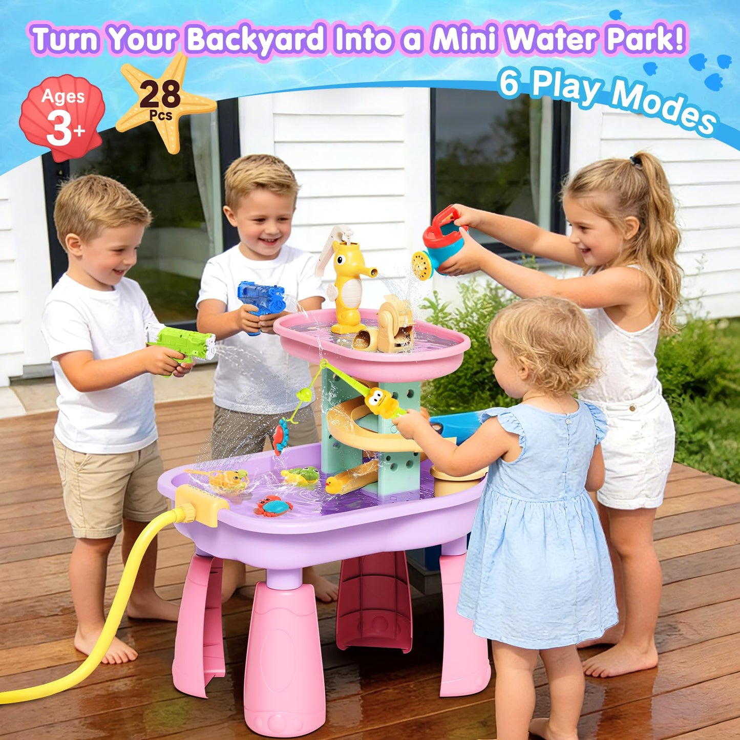 CRATIVWOOD Toddler Water Table for Kids - Sand and Water Table with 28PCS Toy Accessories & Rain Shower Sprinkler, Outdoor Sensory Water Play Table, STEM Toy Summer Gift for Boys Girls Ages 3-8