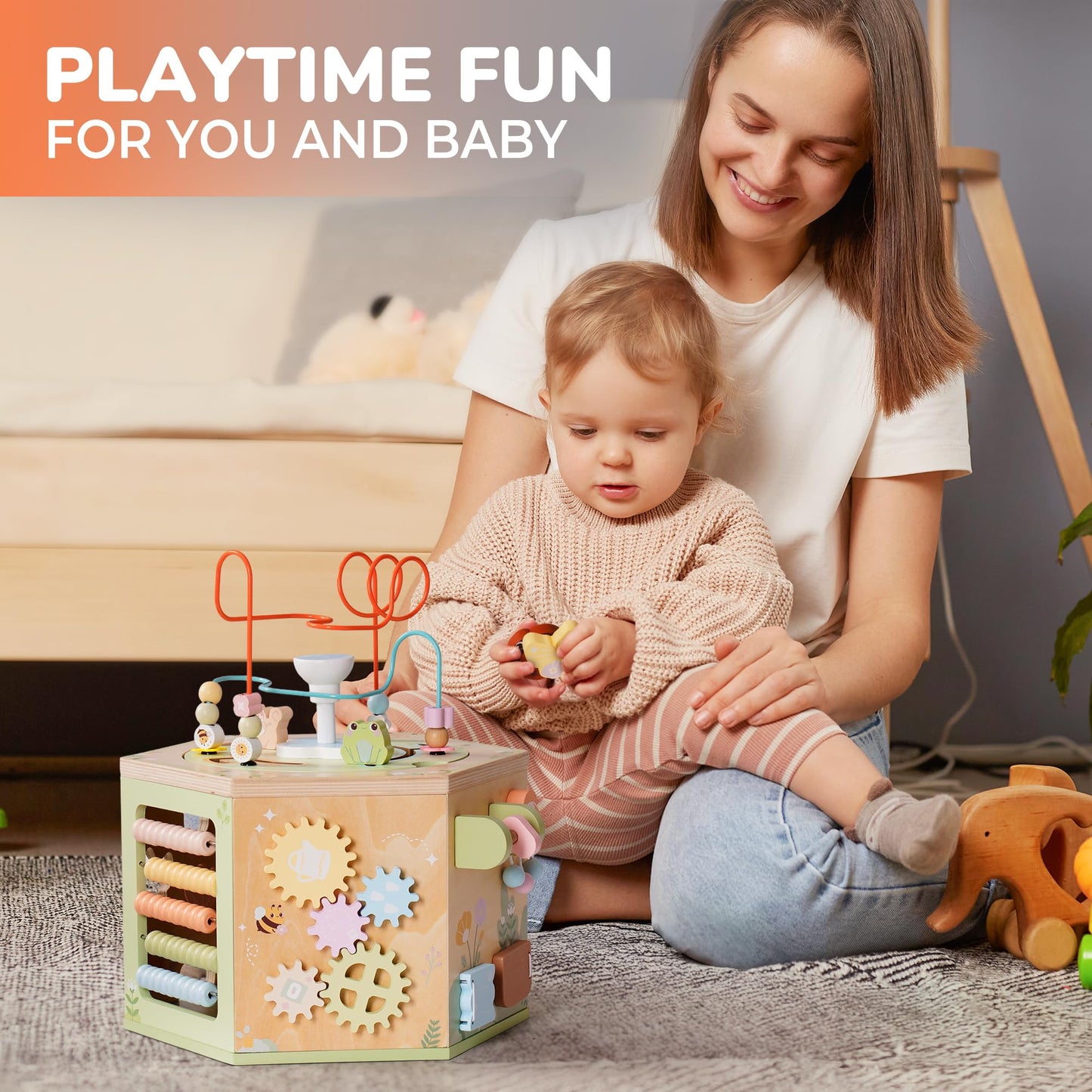 ROBUD 13-in-1 Wooden Activity Cube, Montessori Toys for 1+ Year Old Boys & Girls, Multipurpose Educational Sensory Toy for Toddlers, Educational Learning Toys, Fountain Garden Theme