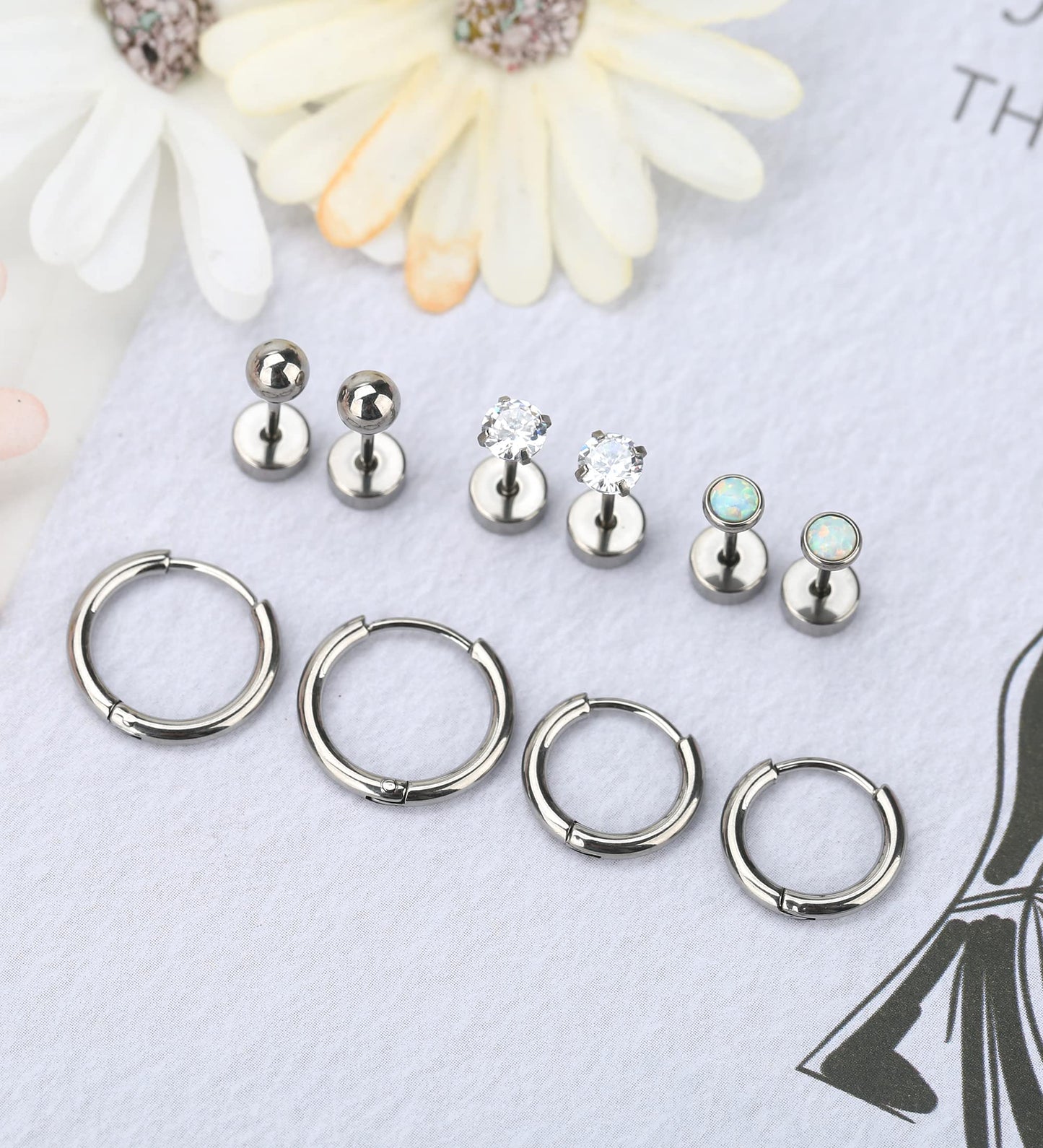MJust Titanium Earrings for Sensitive Ears 20G Hypoallergenic Stud Hoop Earrings for Women Men Opal Ball CZ Heart Pearl Flat Back Earrings Cartilage Earrings Set