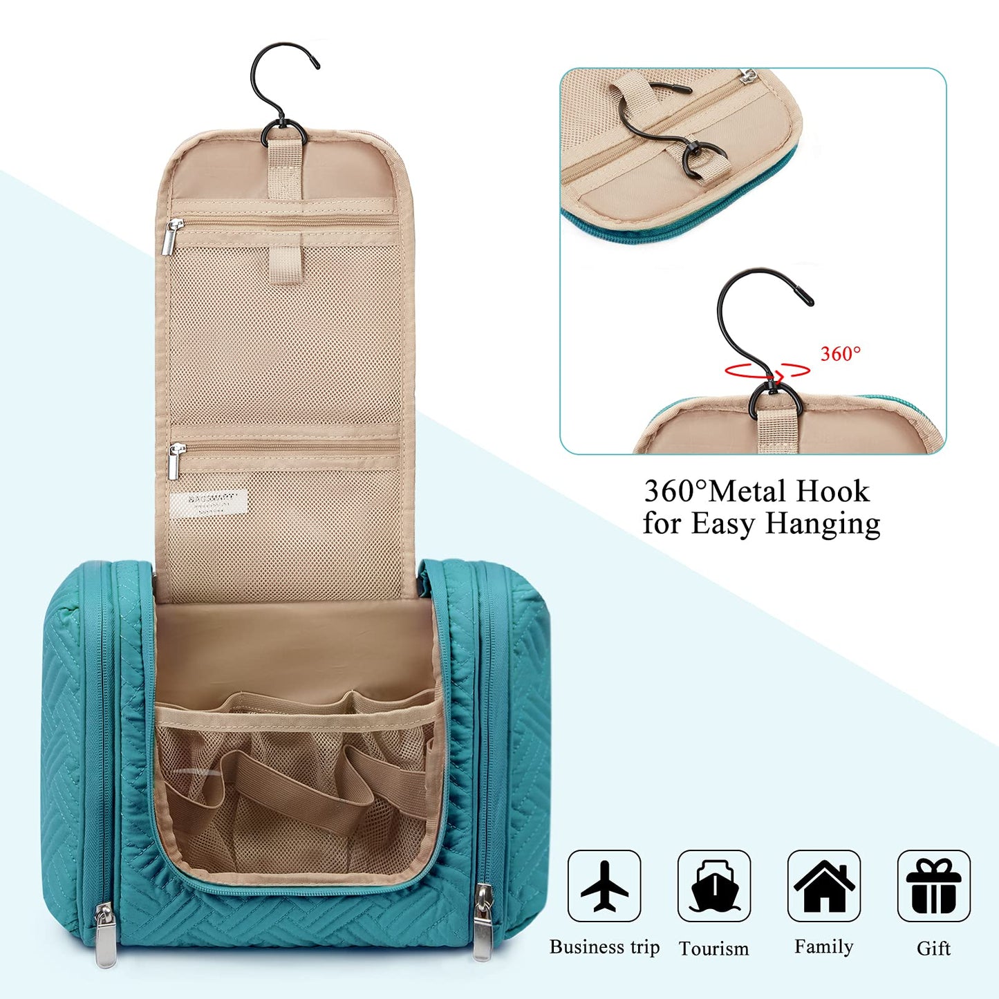 BAGSMART Large Travel Toiletry Bag for Women, Hanging Toiletry Bag with Hook, Travel Cosmetic Makeup Bag Travel Organizer for Accessories, Shampoo, Full Sized Container, Toiletries,Blue-Large