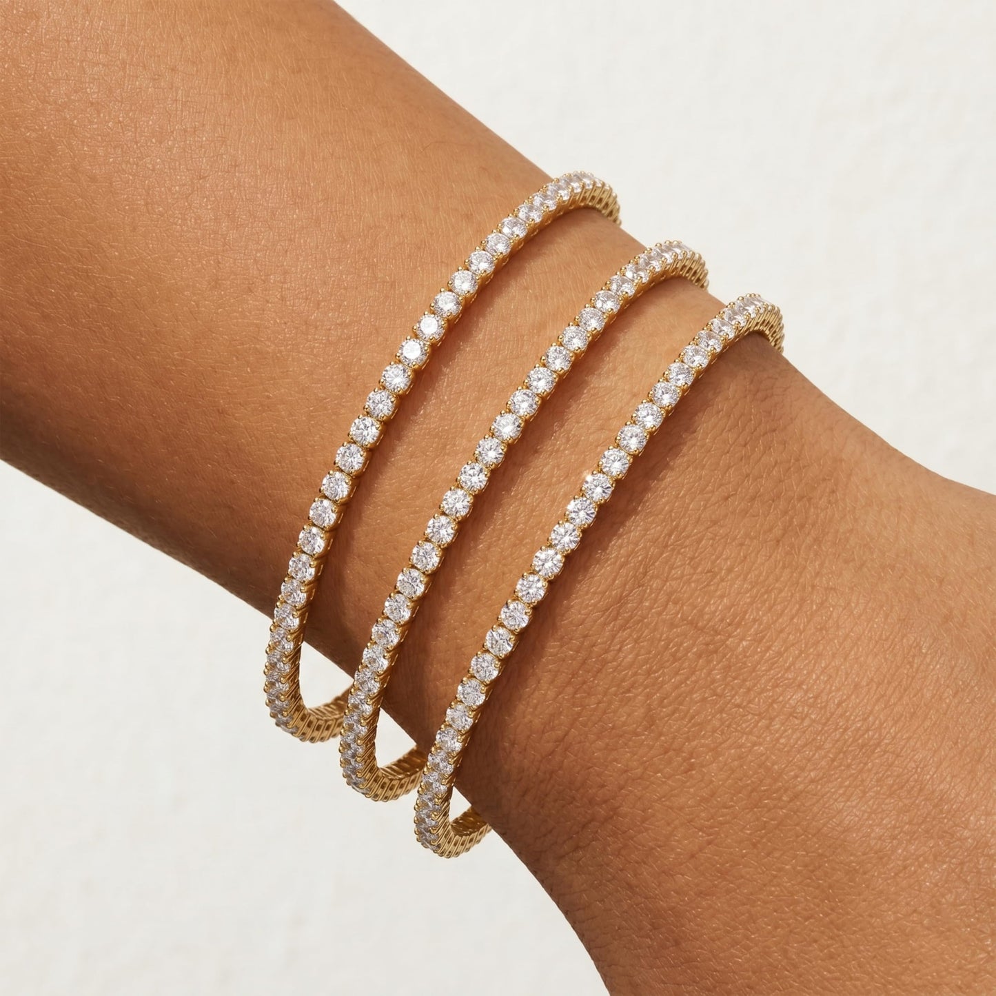 Dainty 2mm Gold Tennis Bracelet Set for Women, 14K Gold Plated Triple Stackable Zirconia Bracelets, Minimalist Professional Jewelry for Business Casual Office Wear, 3-Piece Sparkle Wrist Set