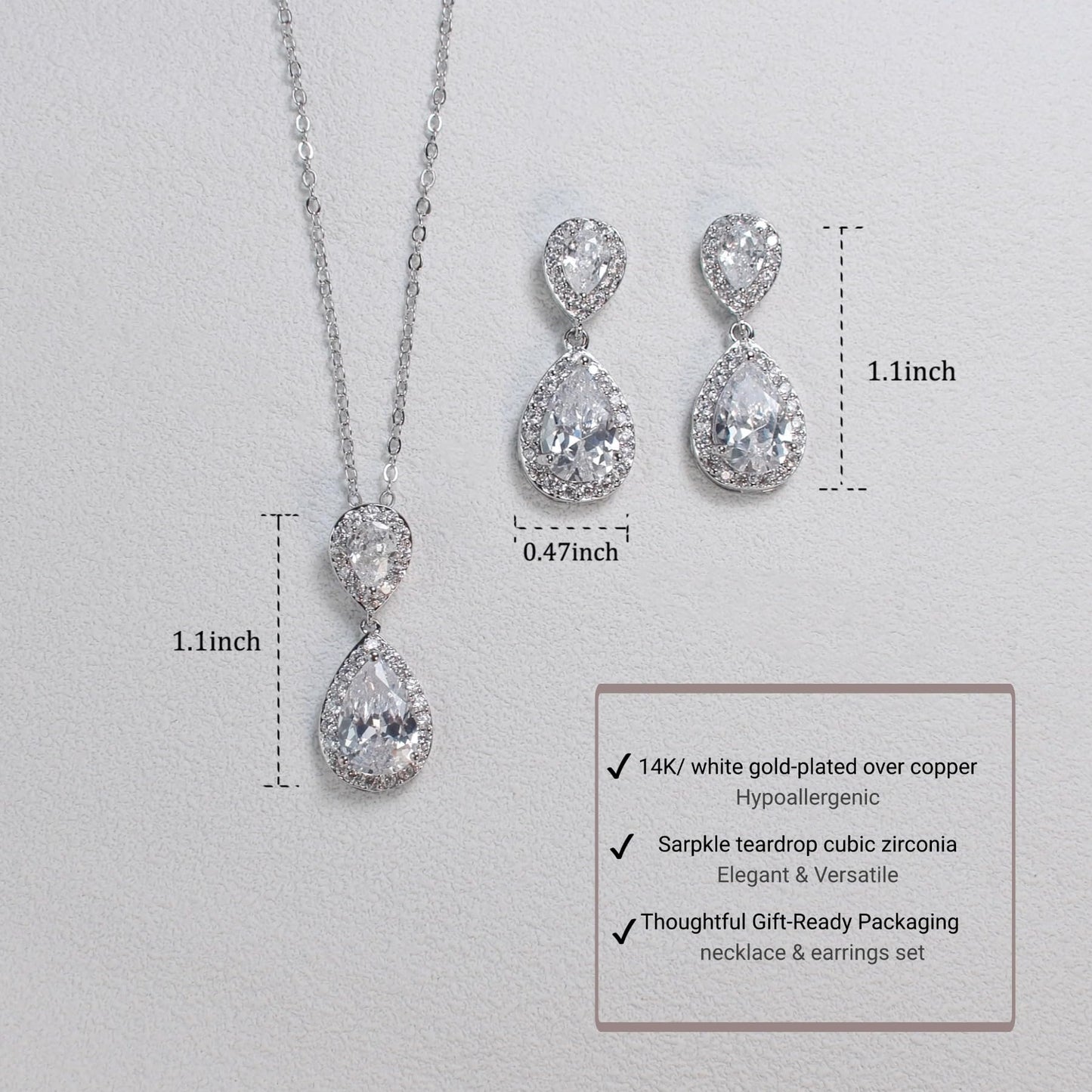 UDYLGOON Bridal Jewelry Set for Women, Cubic Zirconia Teardrop Bride Bridesmaid Necklace and Earrings Set for Wedding Prom Formal (White Gold Plated)