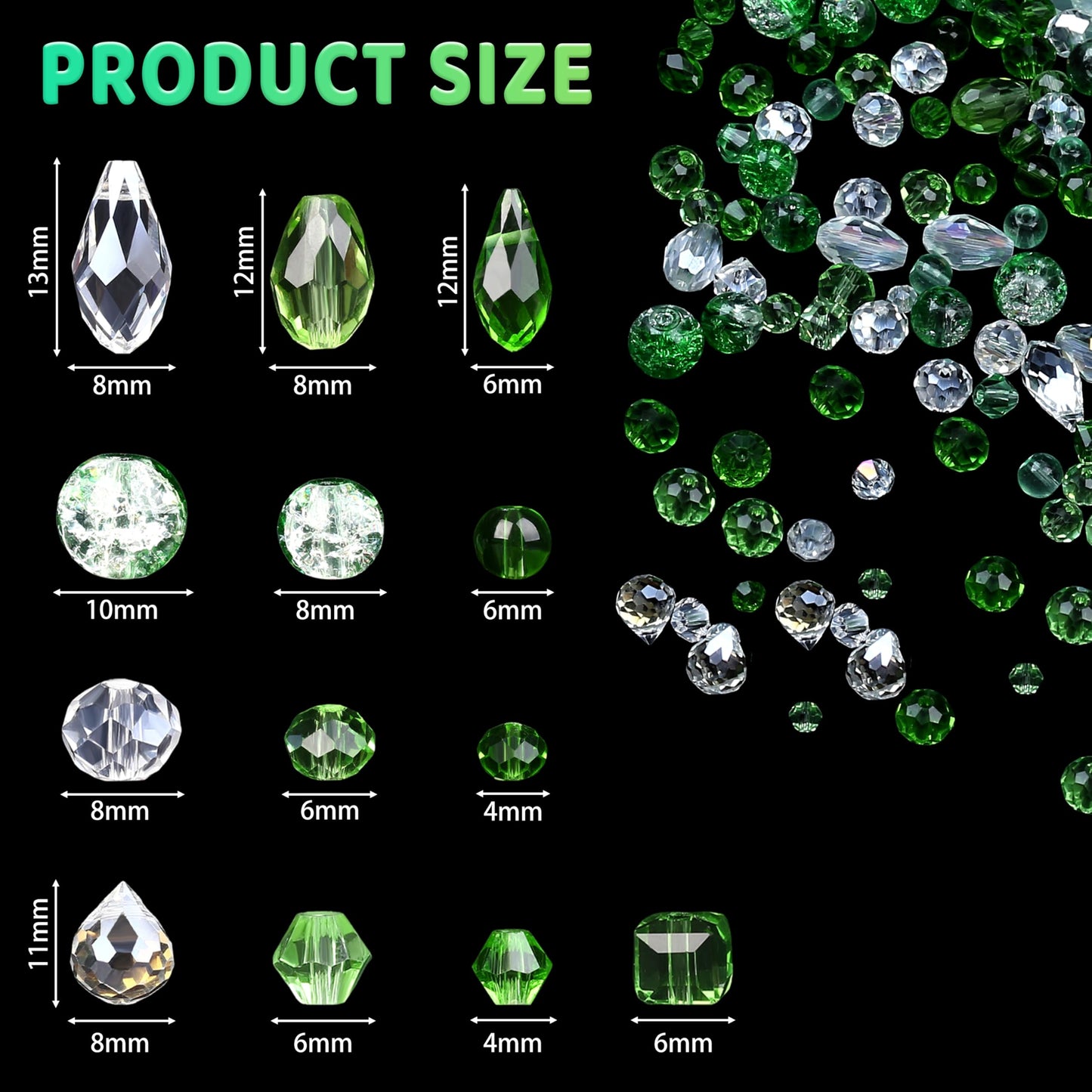 NUKAYAI 1200 Pcs Crystal Glass Beads for Jewelry Making – 13 Styles Bicone, Rondelle, Cube, Teardrop, Smooth Round, Floral and Strawberry Beads Bulk for DIY Bracelet Necklace Earring Craft Kit (Green)