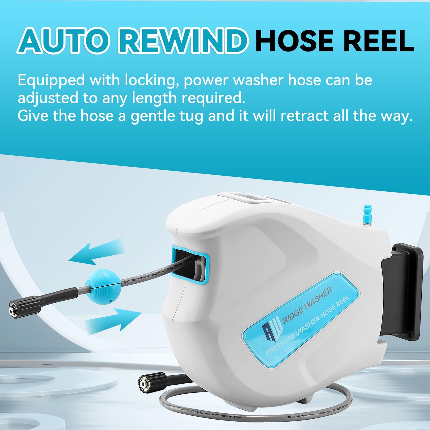 RIDGE WASHER Pressure Washer Hose Reel, 65FT X 1/4'' Power Washer Hose Reel, Auto Rewind Wall Mounted Retractable Hoses Reel, 3600 PSI