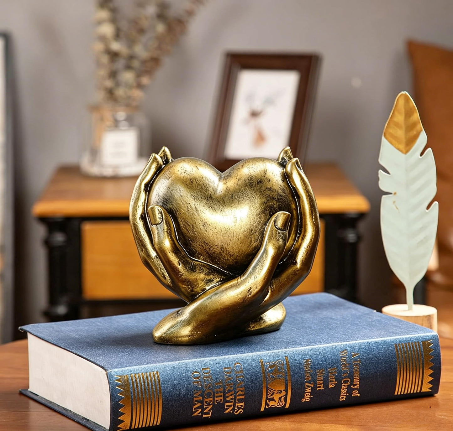 Gold Heart Hands Sculpture Boho Home Decor Accents Living Room Decor, Aesthetic Shelf Decoration, Ideal for Coffee Table, Shelves, Home, Bedroom, Birthday, Wedding Table Decor, and Symbol of Love