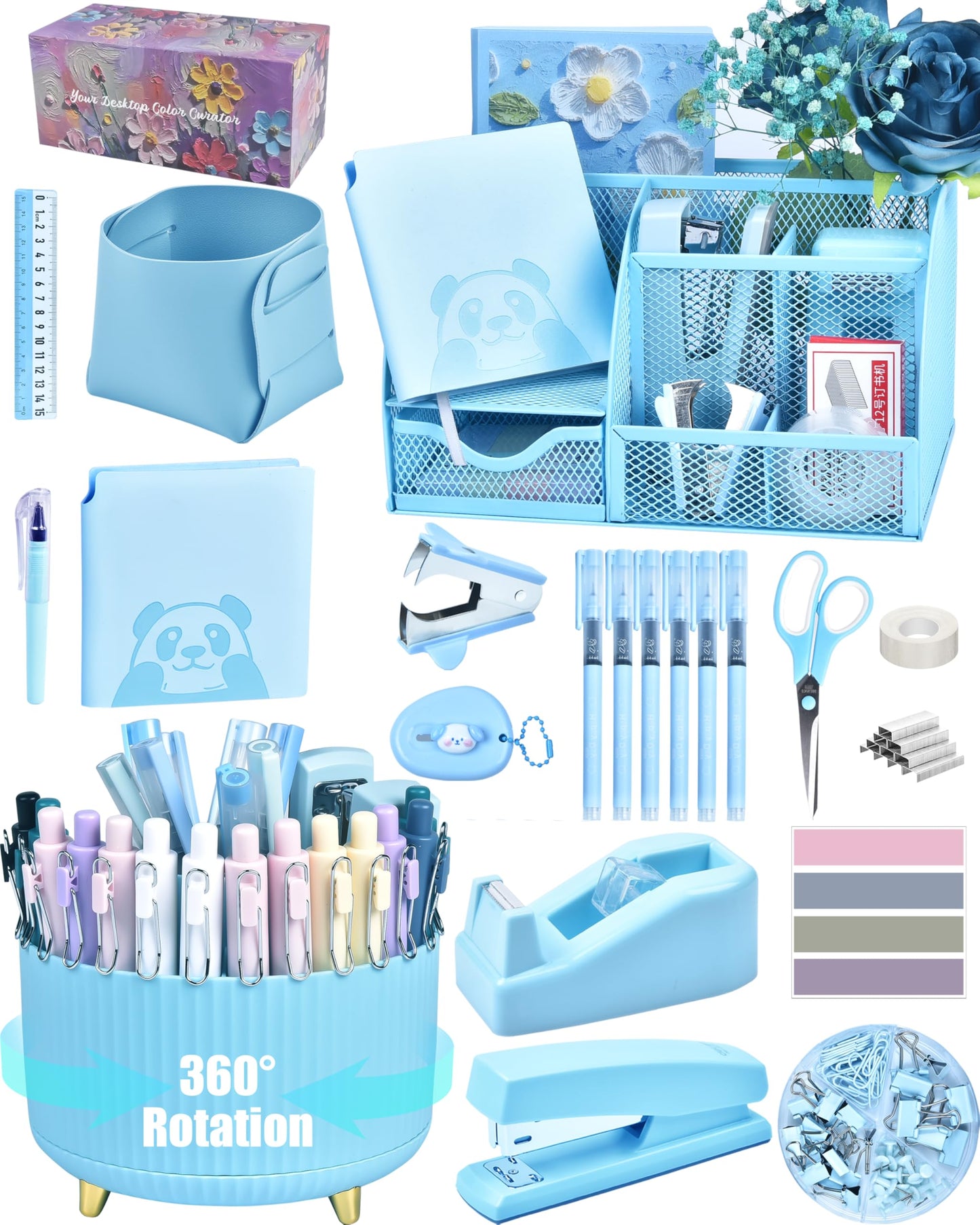 Vamrak Blue Desk Accessories and Organizers with Desk Organizer and 360°Rotating Pen Holder stapler Pen and a Lot of Office Blue Office Supplies Beautifully Presented in a Gift Box