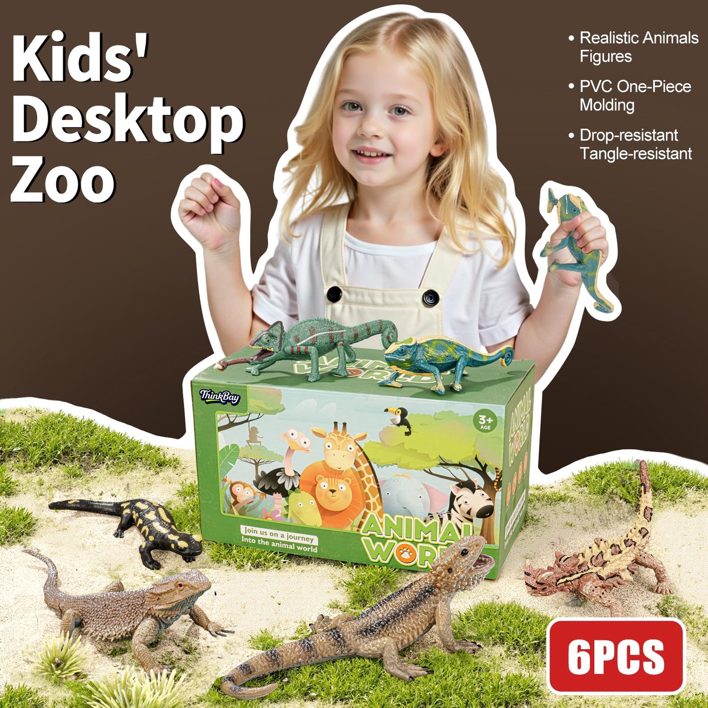THINKBAY 6PCS Large Lizard Figurines Rainforest Animal Toys, Realistic Plastic Reptile Animal Figurines, Includes Bearded Dragon,Fire Salamander,Chameleons,Coast Horned Lizard Toys, STEM Toy for Kids