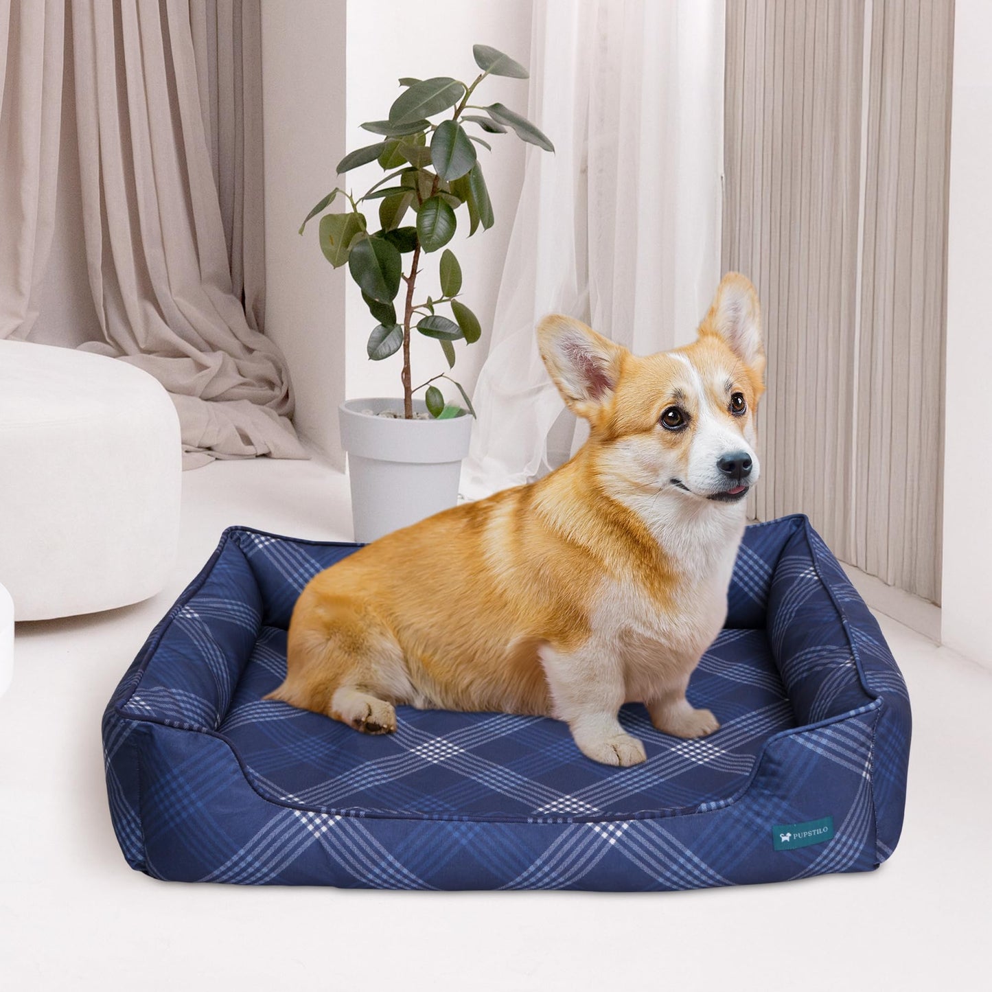 Pupstilo Orthopedic Bolster Dog Bed – CertiPUR-US Foam, Recycled Polyester Canvas, Washable Cover, Anti-Slip Bottom, Large, Navy Plaid – Stylish Designer Dog Sofa