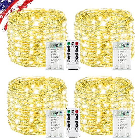 4Pack 80FT 240LED Fairy Lights Battery Operated with Remote & Timer | 8 Modes Twinkle String Lights Battery Powered Indoor Outdoor Waterproof for Bedroom Wedding Classroom Christmas Décor, Warm White