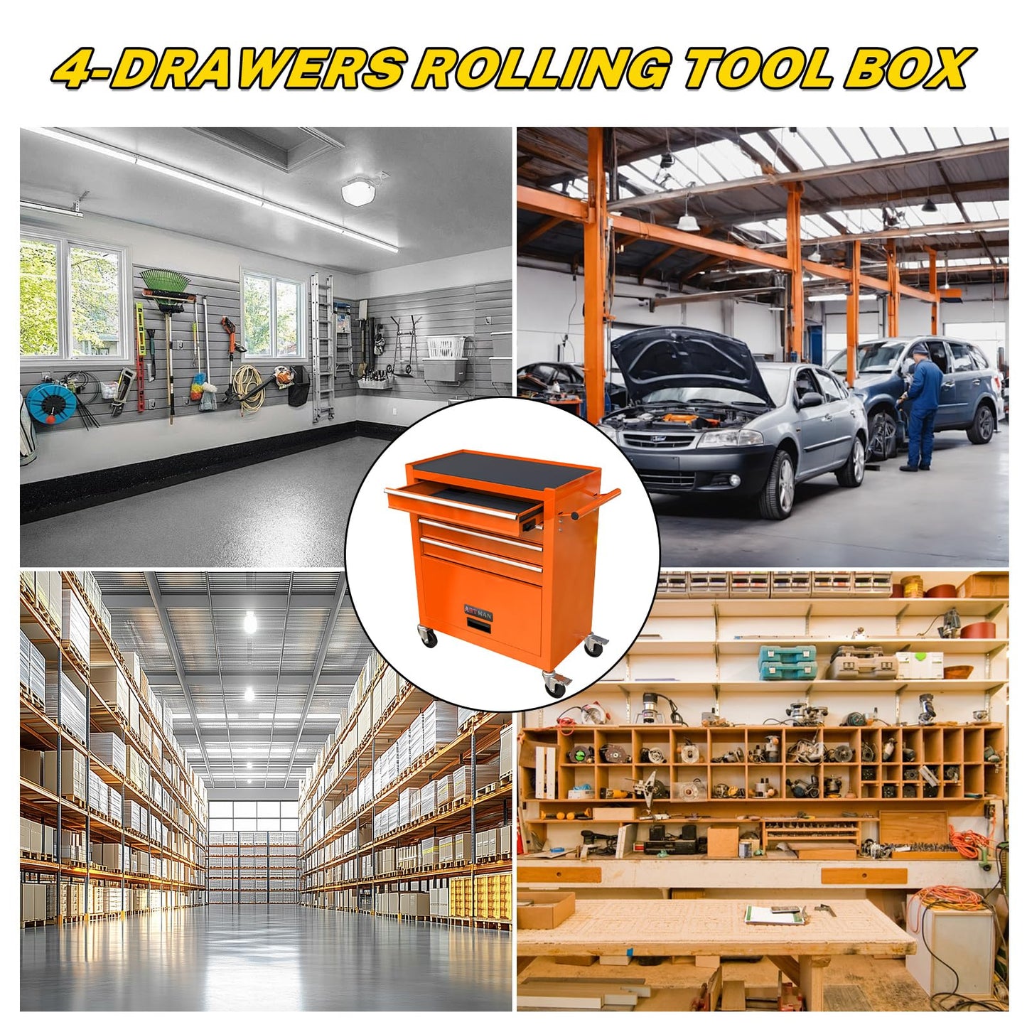 4-Drawer Heavy-Duty Rolling Tool Chest with Wheels, Steel Storage Organizer Cart with Handle, Metal Tool Cabinet for Garage, Workshop, and Repair Shop