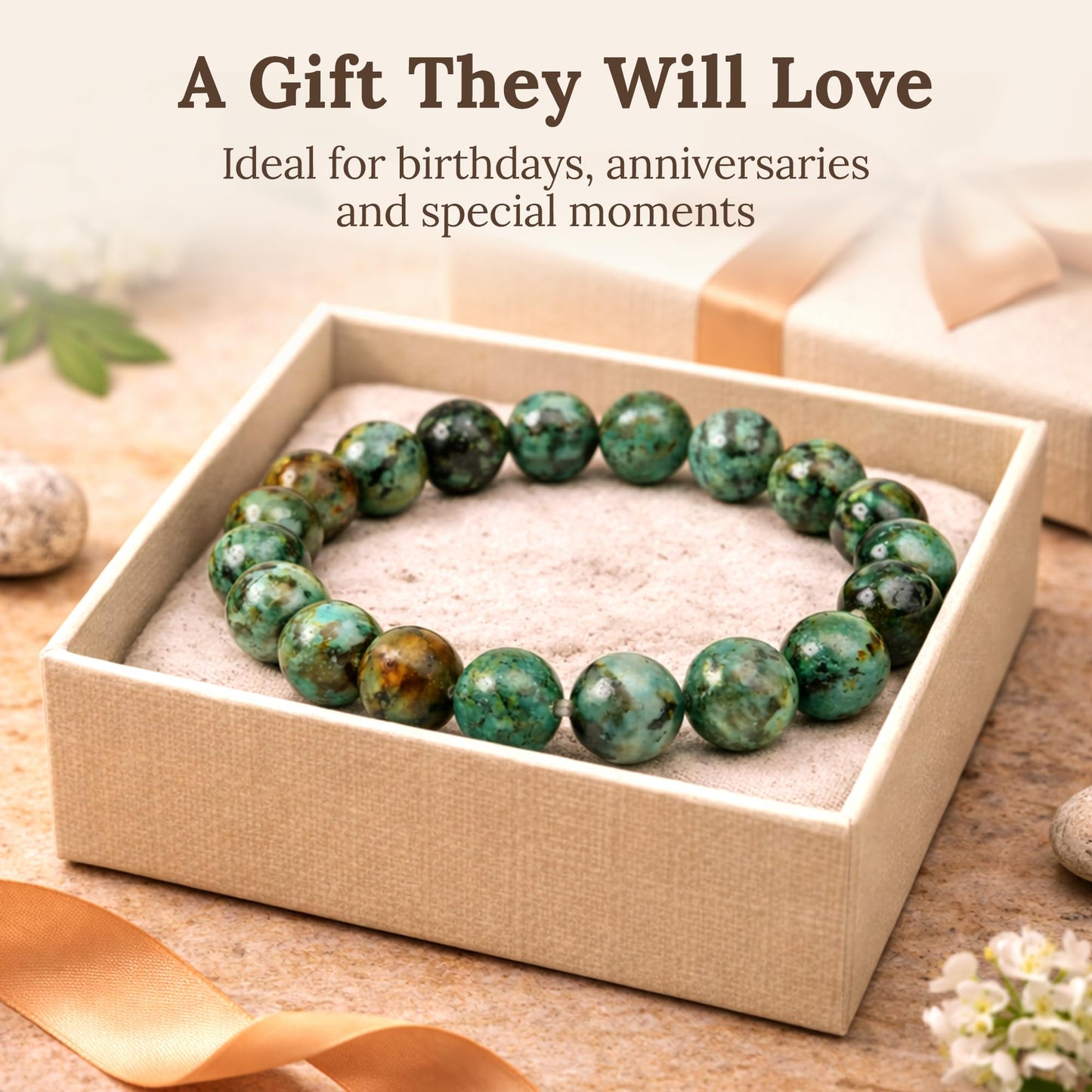 Elm City Direct 8mm Natural Stone Beaded Bracelet – Unisex Crystal Stretch Bracelets for Men & Women, Chakra & Healing Jewelry, Gift-Ready Beaded Bracelets (African Turquoise, 8mm)