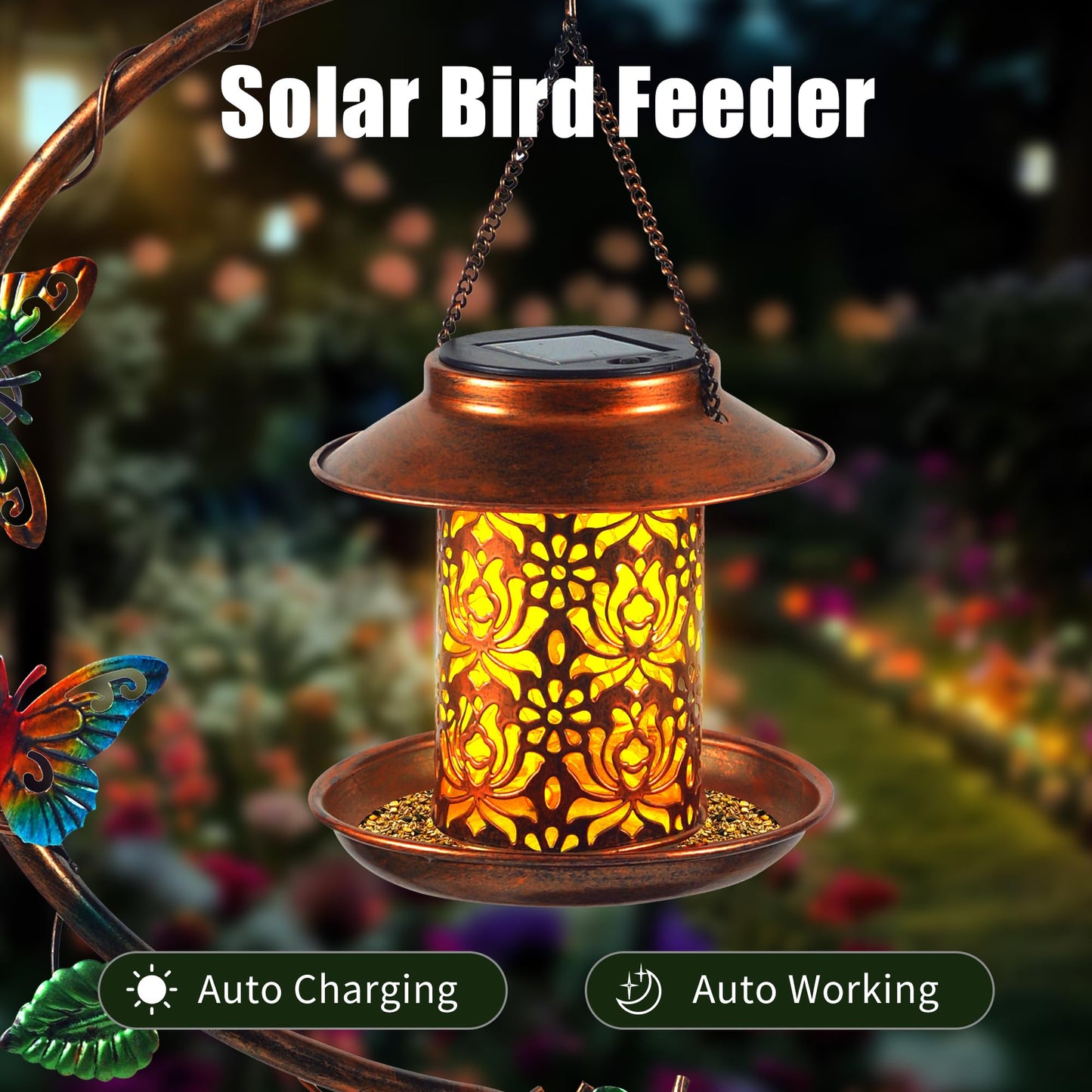 YYWMWM Metal Birdbath with Flower Planter Pedestal and Solar Bird Feeders Combo for Outdoor, Decorative Bird Bath with Butterfly for Garden Yard Outside