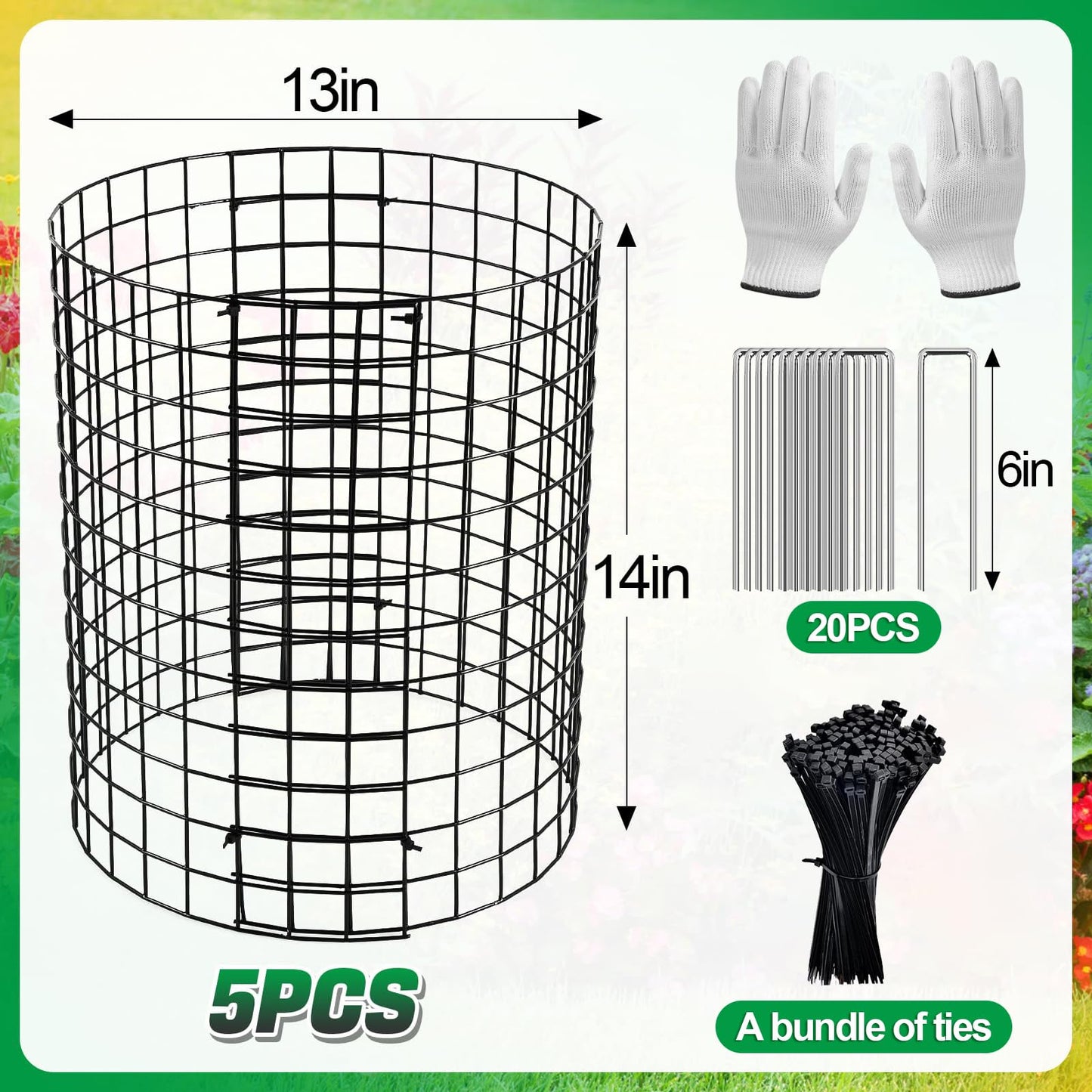 12-gauge Wire Pre-Bent Quick Setup Plant Protectors from Animals -14''H *13''Dia Chicken Wire Plant Cages to Keep Rabbits Deers Squirrels Out, Garden Bunny Barricades with Zip Ties Stakes, 5Pack