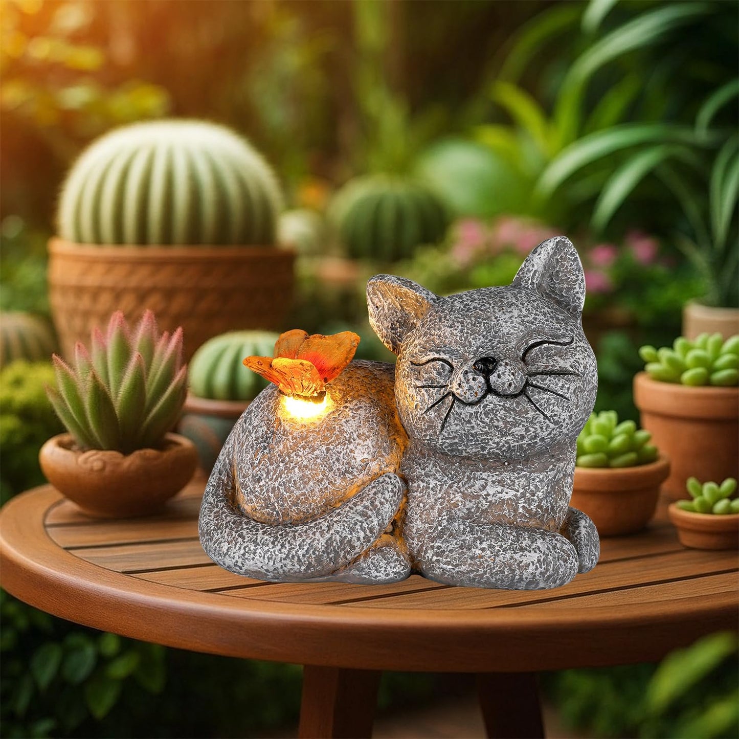 GoGnome Solar Cat Garden Statue with Butterfly Light – 5-Inch Outdoor Resin Figurine for Yard, Patio, Balcony – Gifts for Women, Garden Decor Accent (Cat)