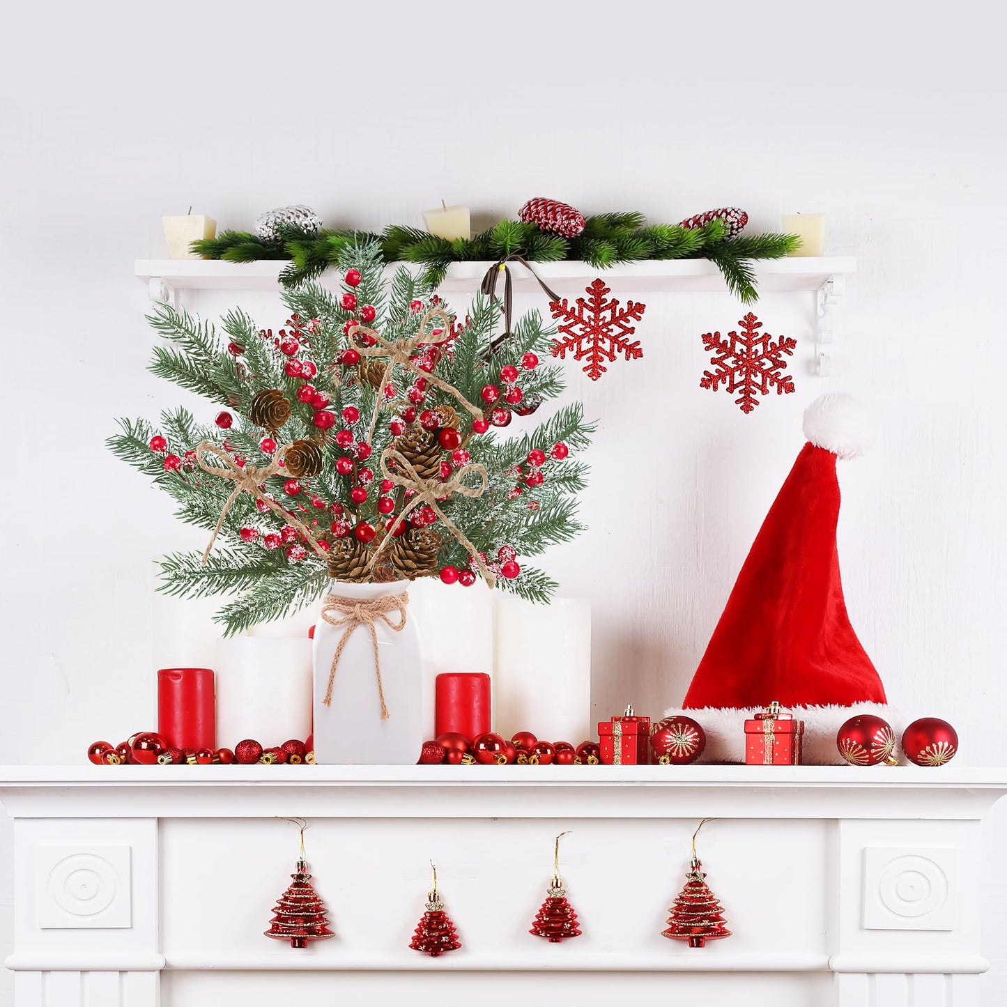 Sggvecsy 15 Pack Snow Frosted Christmas Berries Pine Picks Artificial Red Berry Pine Branches Frosted Faux Pine Stem with Pine Cones Fake Pine Needles for Xmas Tree Wreath DIY Craft Holiday Decor