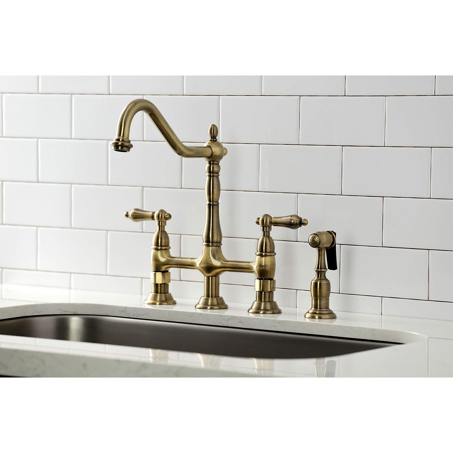 Kingston Brass KS1273ALBS Heritage 8-Inch Kitchen Bridge Faucet with Brass Sprayer, Antique Brass