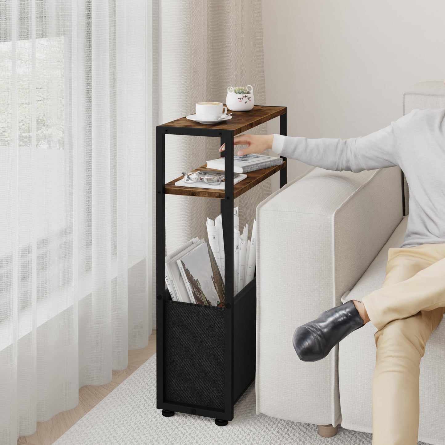 Leomonio Narrow Side Table, Slim End Tables with Fabric Basket, Skinny Table for Small Spaces, Thin Bedside Table for Living Room, Bedroom