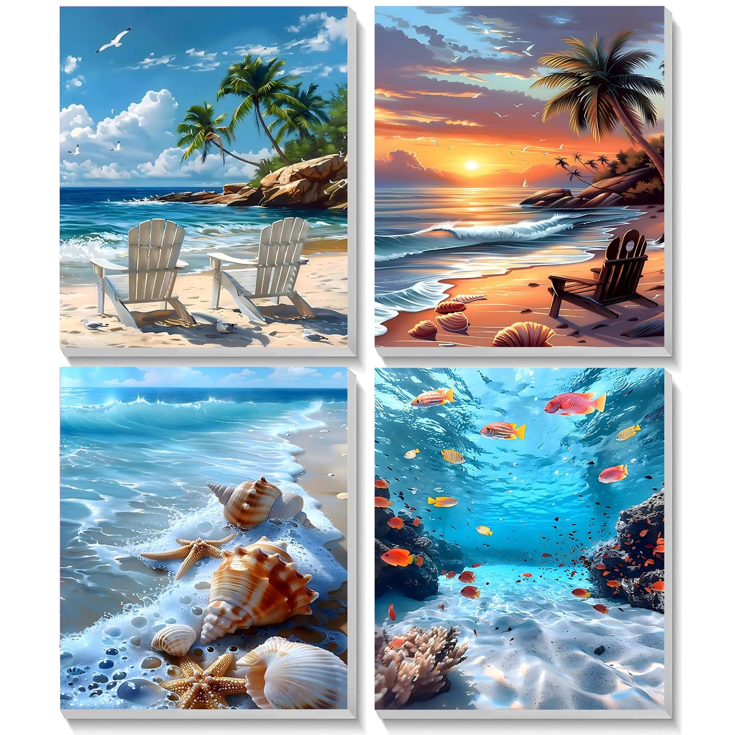 TOSTOG Seascapes 4 Pack Framed Canvas Paint by Numbers Art Kit for Adults and Kids, Beginner Acrylic Oil Painting Supplies with Wooden Frame for Home Wall Decor 20 * 25 cm/8 * 10 in