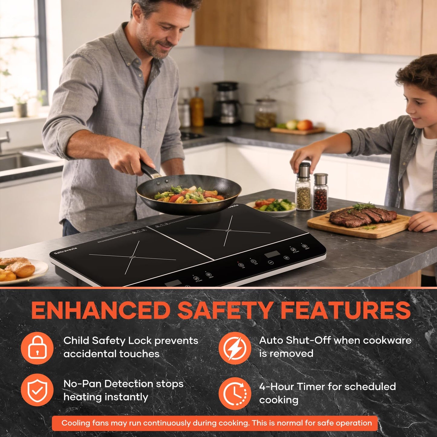Saitravexia 24 Inch Double Induction Cooktop, Touch Control Electric Cooktop with Dual Burners, Shared 1800W Power, Low-Power Continuous Heating, Countertop Use