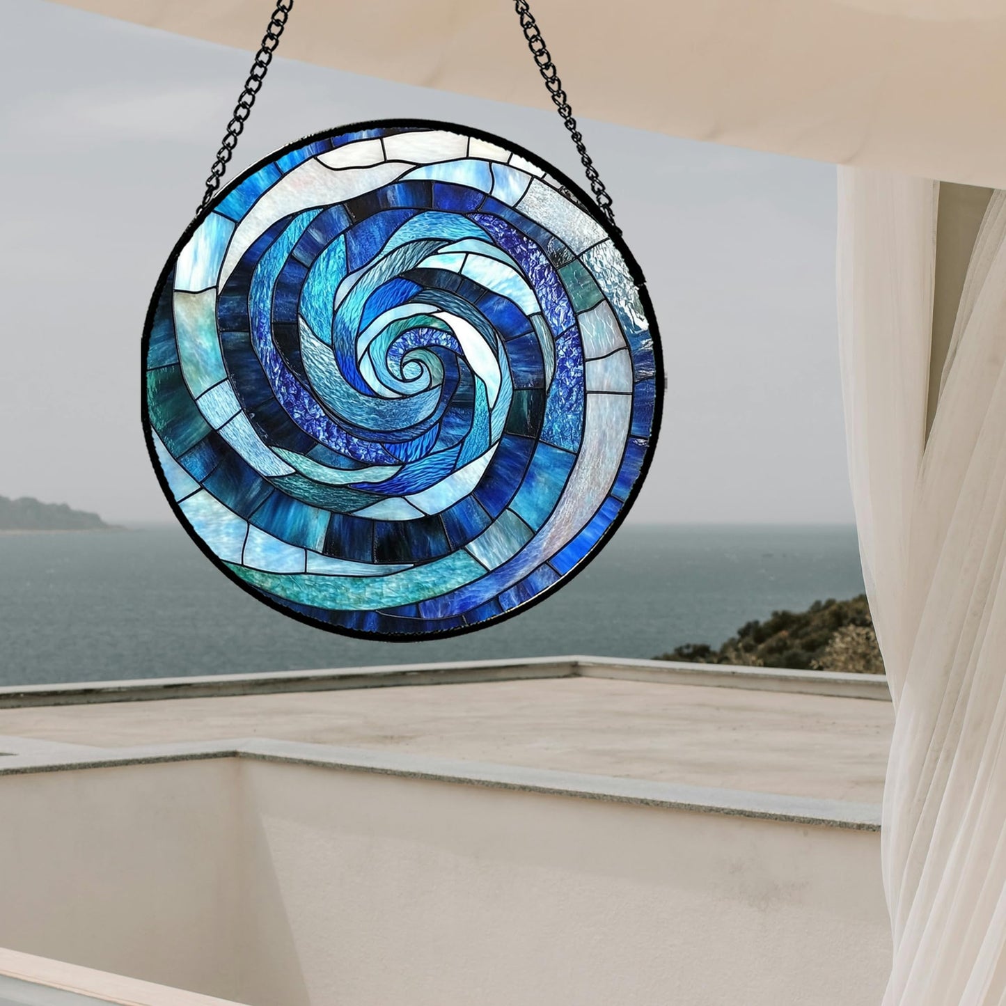 CRISGIF Stained Glass Window Hanging - Blue Abstract Swirl Suncatcher for Doors Garden Patio Unique Sun Catchers Decor Christmas Mother's Day Birthday Gifts for Women Men Mom Nana Friend 11.8 in