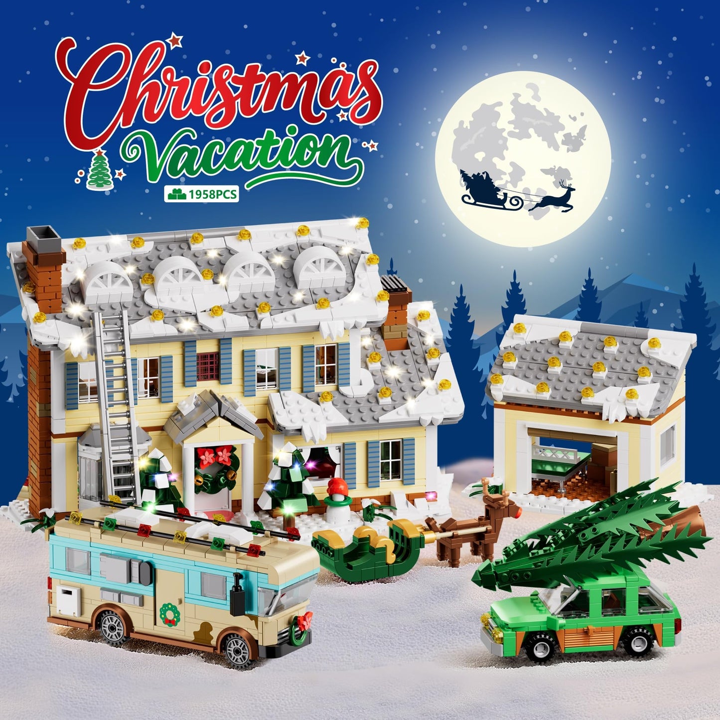 Christmas Holiday House Building Set, 5 in 1 Model Buildings Kits Snow Village & RV Toy Building Blocks Sets with LED, Xmas Decor Toys Gifts for Kids Girls Boys Ages 8+ Adults (1958PCS)