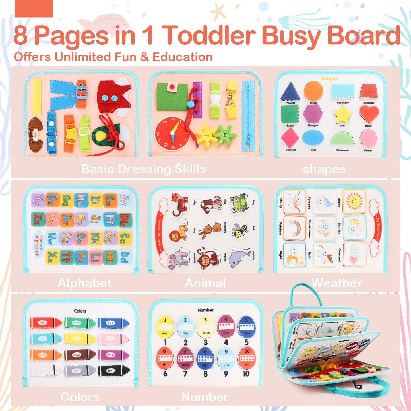 Teefrye Toddler Busy Board Montessori Toys for Toddlers 1-3 Year Old Educational Activity Book Board Sensory Travel Toys Ages 3-5 Preschool Learning Fine Motor Skills Toy Quiet Book Gift for Kids