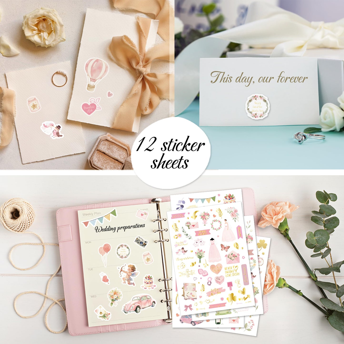 BIROYAL 12 Sheets XL Wedding Stickers for Scrapbooking | Wedding Scrapbook Stickers 6.7" x 9.5" | 450+ Bride Sticker | Bridal Shower Sticker for Engagement, Anniversary, Marriage, Decorations