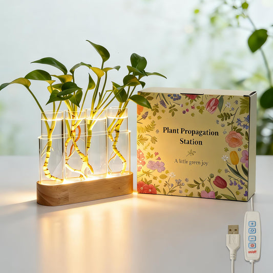 Plant Propagation Station with LED Lights, Wooden Stand, 4 Glass Test Tubes for Hydroponic Plants, 3 Lighting Modes 9 Brightness, Plant Lovers