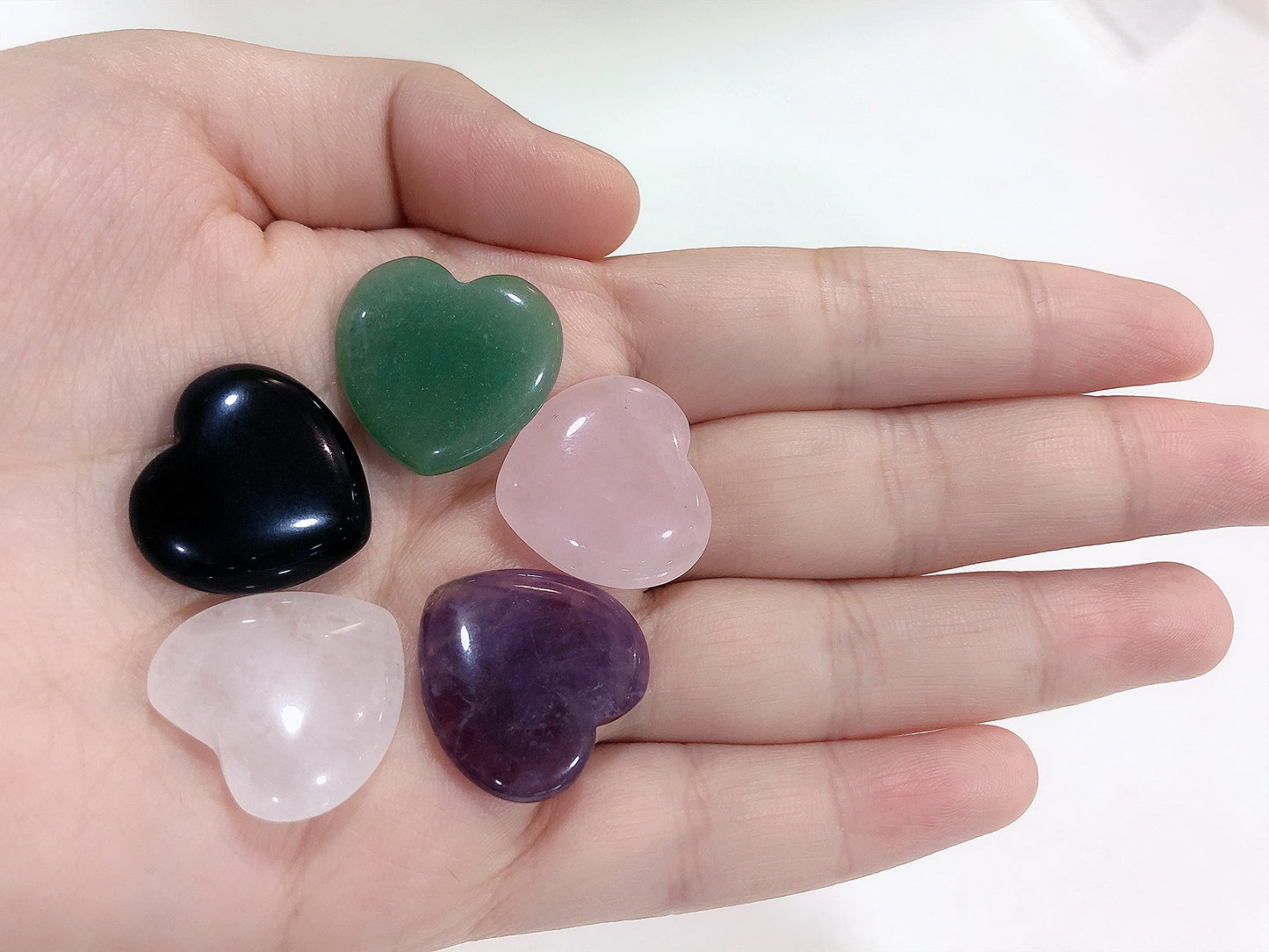 YATOJUZI 5PCS Natural Heart Healing Crystals Rose Quartz Amethyst Heart Love Stones Set Bulk Polished Pocket Palm Thumb Gemstones Chakra Reiki Balancing