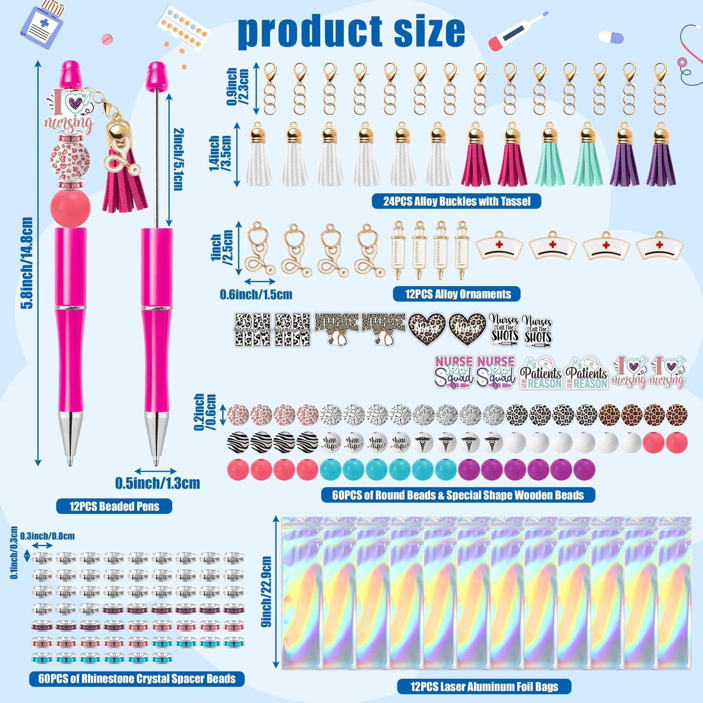 COcnny Nurse Beadable Pens for Women - 12 Set Nursing DIY Ballpoint Craft Making Kit with Bead Craft, Leopard Beaded Pen Bulk Charm Tassel Supplies for Nurse Week Hospital Appreciation Gift