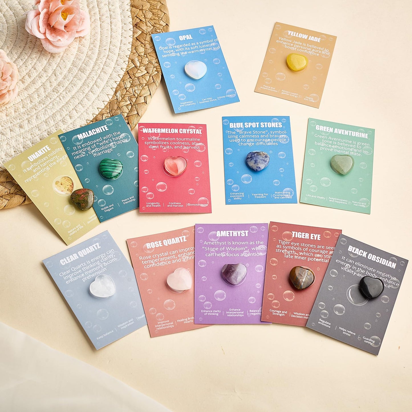 UU UNIHOM 24 Pcs Crystals Heart Healing Stones for Valentines Day Party Gift Crystal Heart Shaped Rocks Gemstones with Greeting Cards for Meditation Balancing Chakra Reiki Spiritual Christmas Gifts