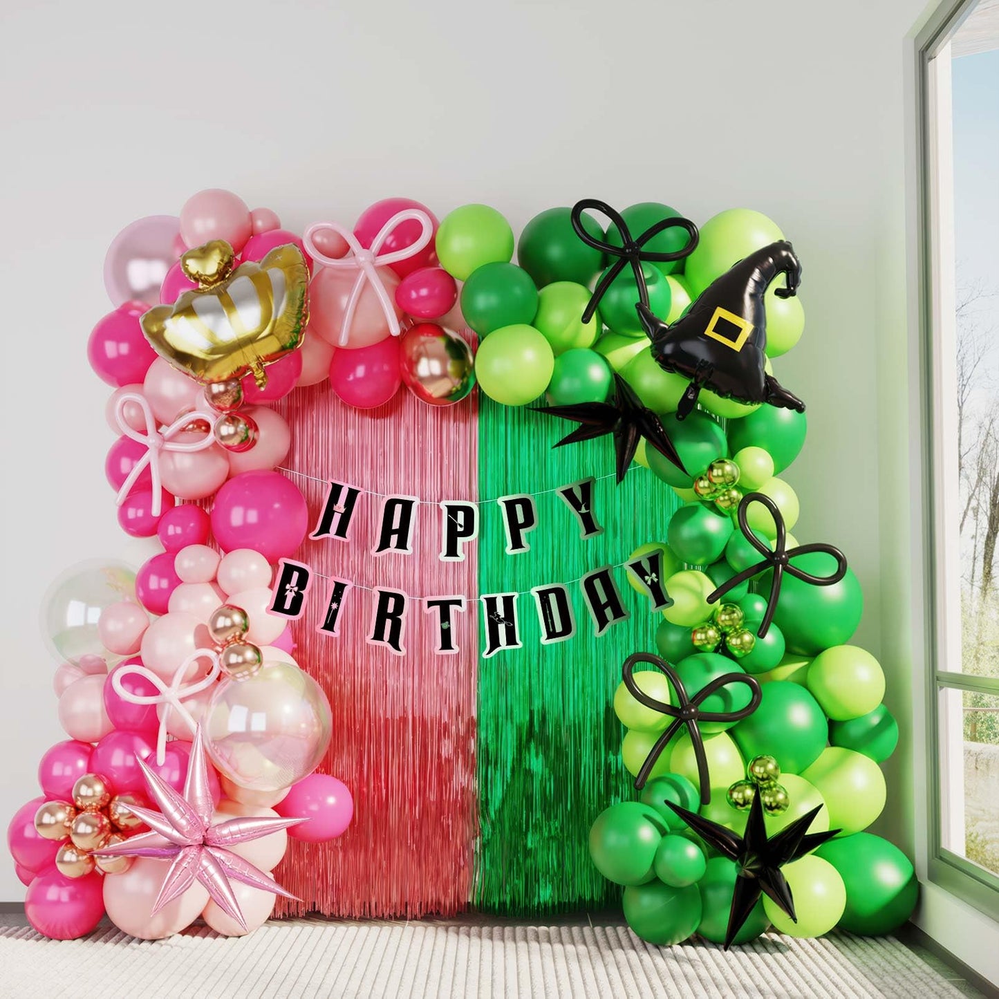 Green and Pink Balloon Garland Arch Kit, 120pcs with wizard hat star crown mylar balloon and Fringe Curtain Banner for Musical Theatre Witch Themed Birthday Baby Shower Decoration