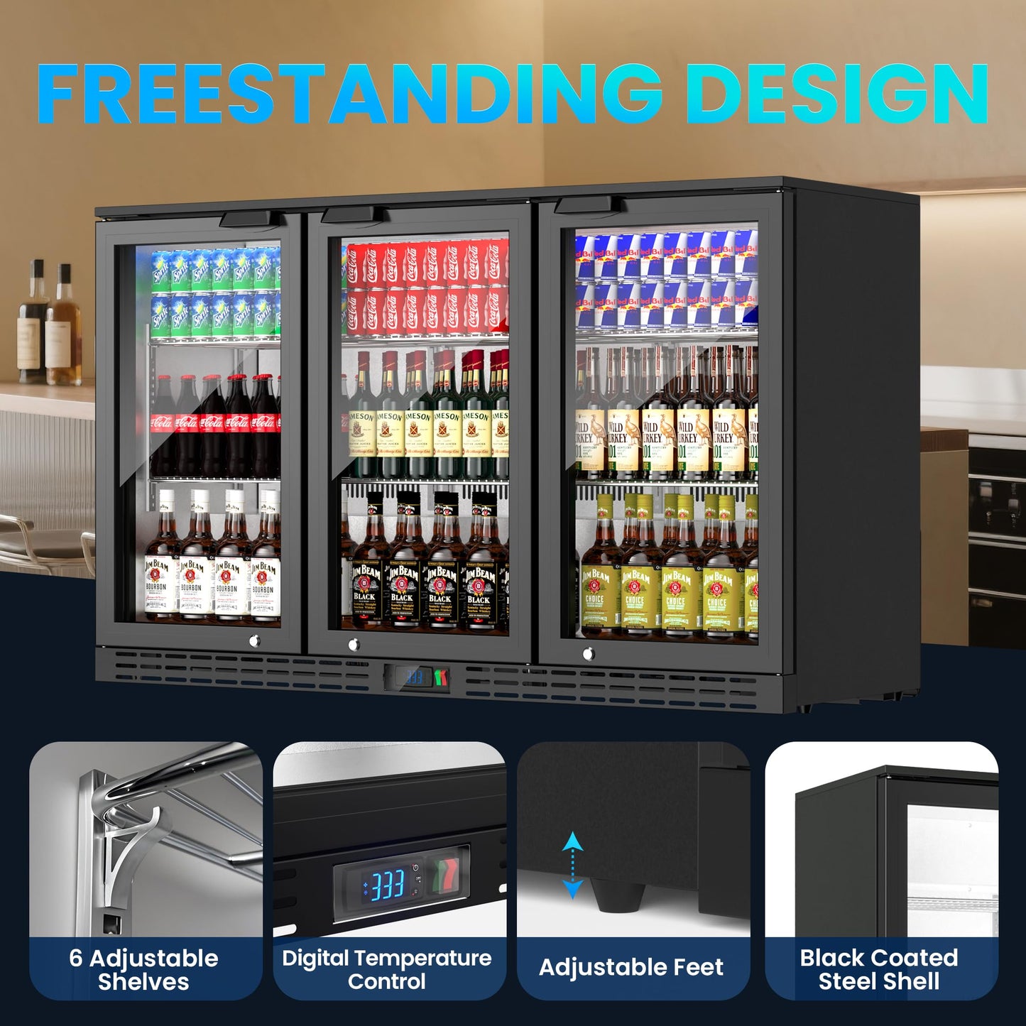 Coolake 53" Back Bar Cooler with 3 Glass Doors, 11.7 cu.ft Commercial Under Counter Height Beverage Refrigerator, Stainless Steel Beer Fridge with LED Lighting for Soda Drinks, Beer, Wine