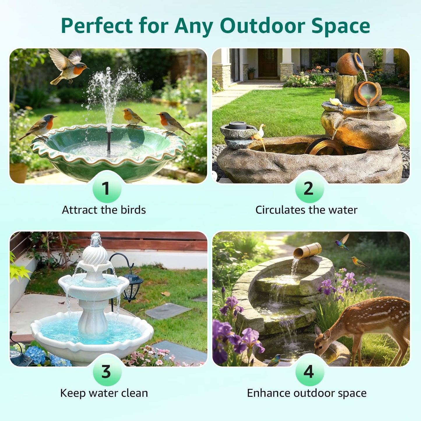 PONDIA Solar Fountain Pump with Battery Backup, 7.5W Solar Water Pump Built-in 3000mAh Battery, Dual-Layer Nozzles 7+ Spray Modes & 5Ft PVC Tubing, Pond Fountain for Bird Bath Garden Water Feature