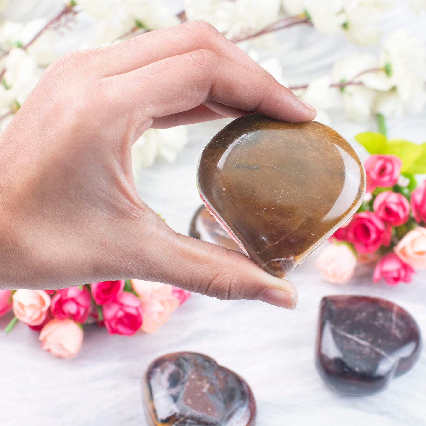 Crocon 50mm Red Tiger Eye Heart stone Big Heart Shape Puff Stones Set 450+ Carats Pocket Crystal Healing Tumble Collection Palm Worry Stone Good Luck Charm Meditation Gift Craft Home Decor