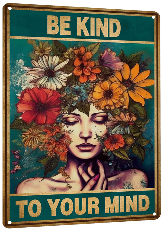 HYBLOM Vintage Room Decor, Boho Office Decor, Be Kind to Your Mind Wall Art Signs, Hippie Posters for House Aesthetic, Retro Metal Sign 12x8 Inches